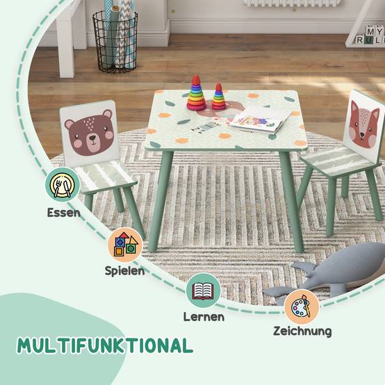 Groupe d'assise enfant 3-8 ans, 1 table et 2 chaises, mignon motif animal, vert - Image 6