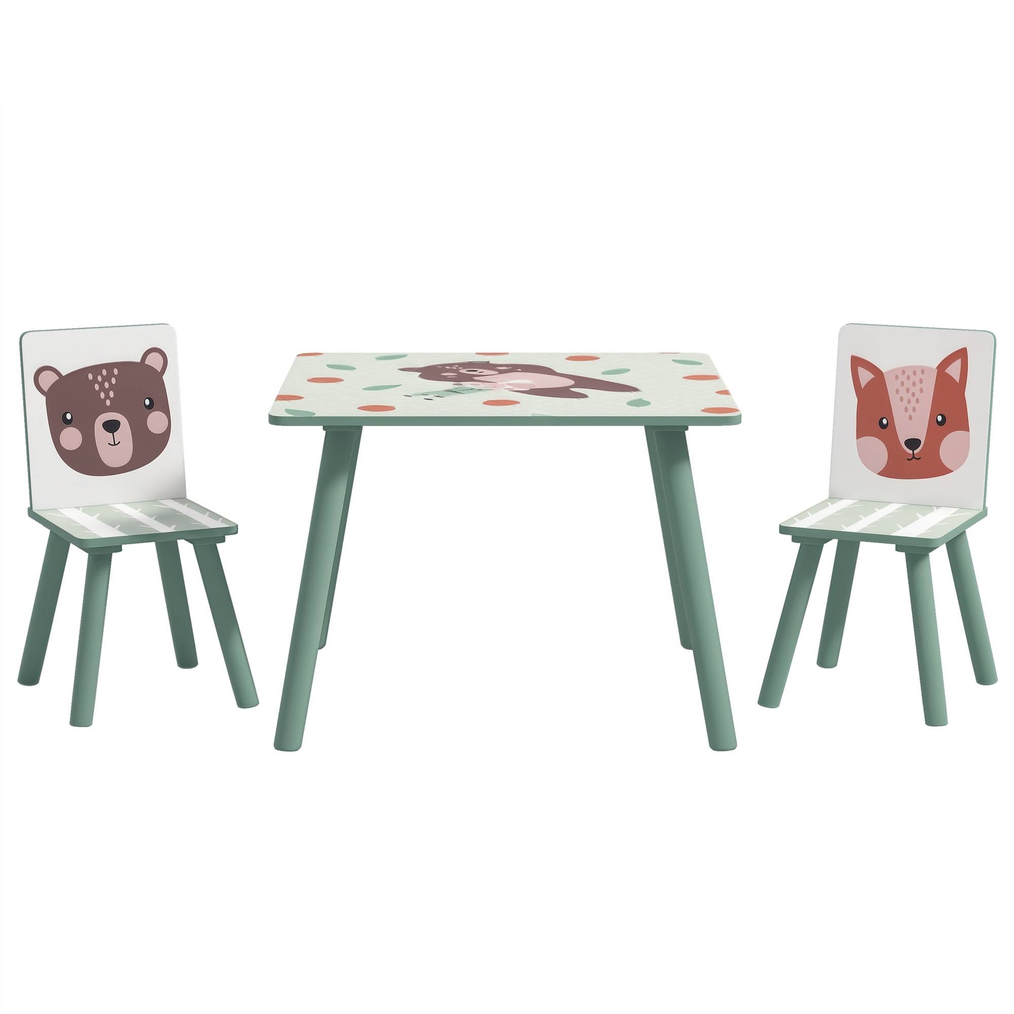 Groupe d'assise enfant 3-8 ans, 1 table et 2 chaises, mignon motif animal, vert