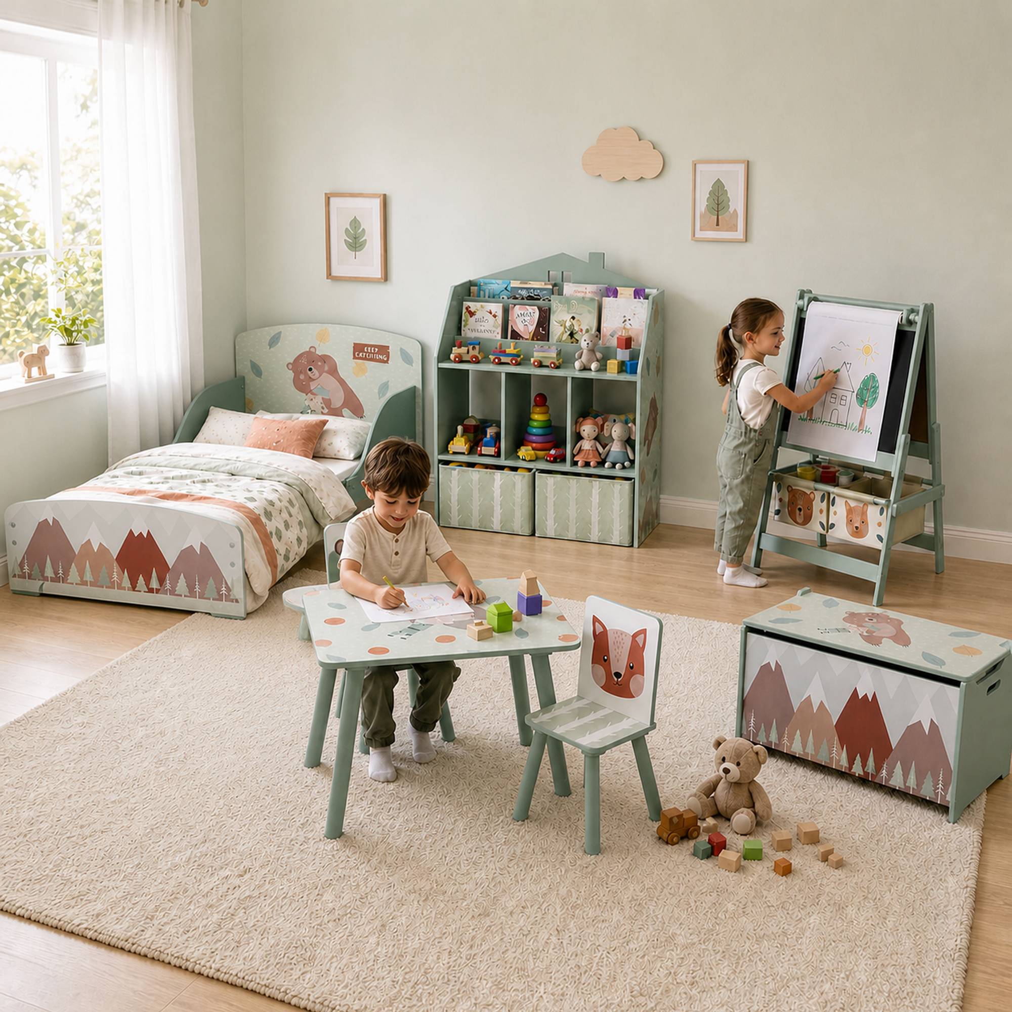 Groupe d'assise enfant 3-8 ans, 1 table et 2 chaises, mignon motif animal, vert - Image 10