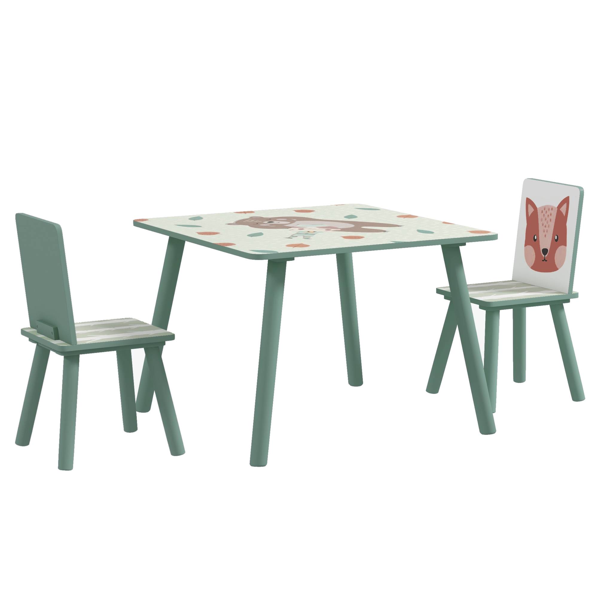 Groupe d'assise enfant 3-8 ans, 1 table et 2 chaises, mignon motif animal, vert - Image 2