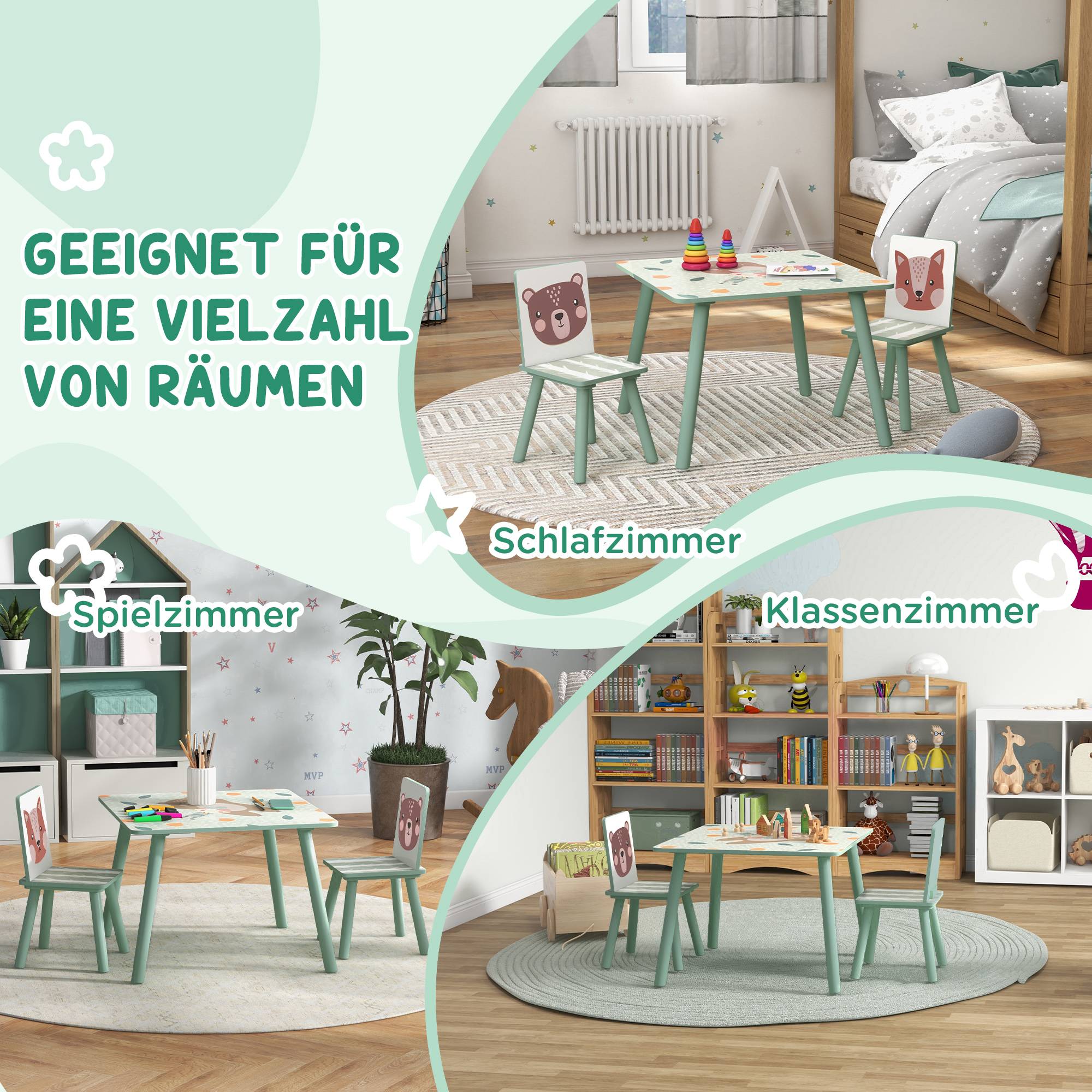 Groupe d'assise enfant 3-8 ans, 1 table et 2 chaises, mignon motif animal, vert - Image 8
