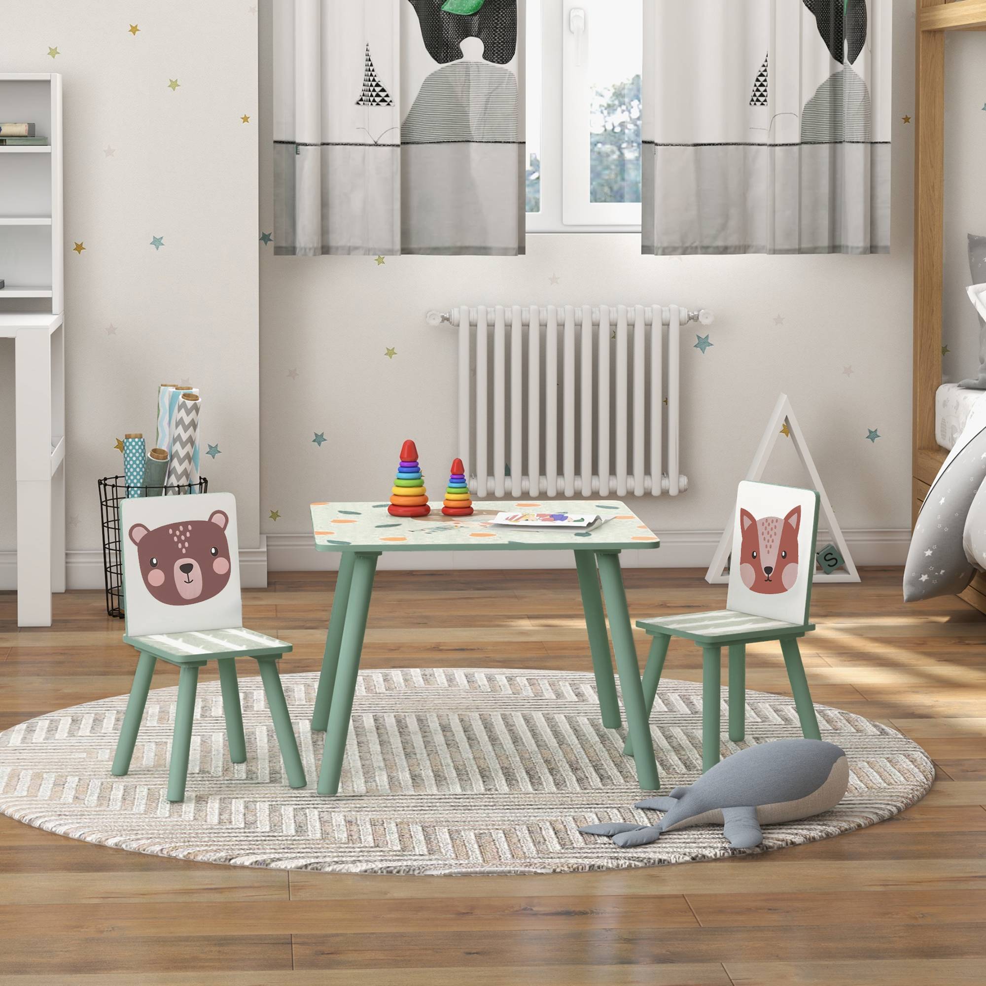 Groupe d'assise enfant 3-8 ans, 1 table et 2 chaises, mignon motif animal, vert - Image 4