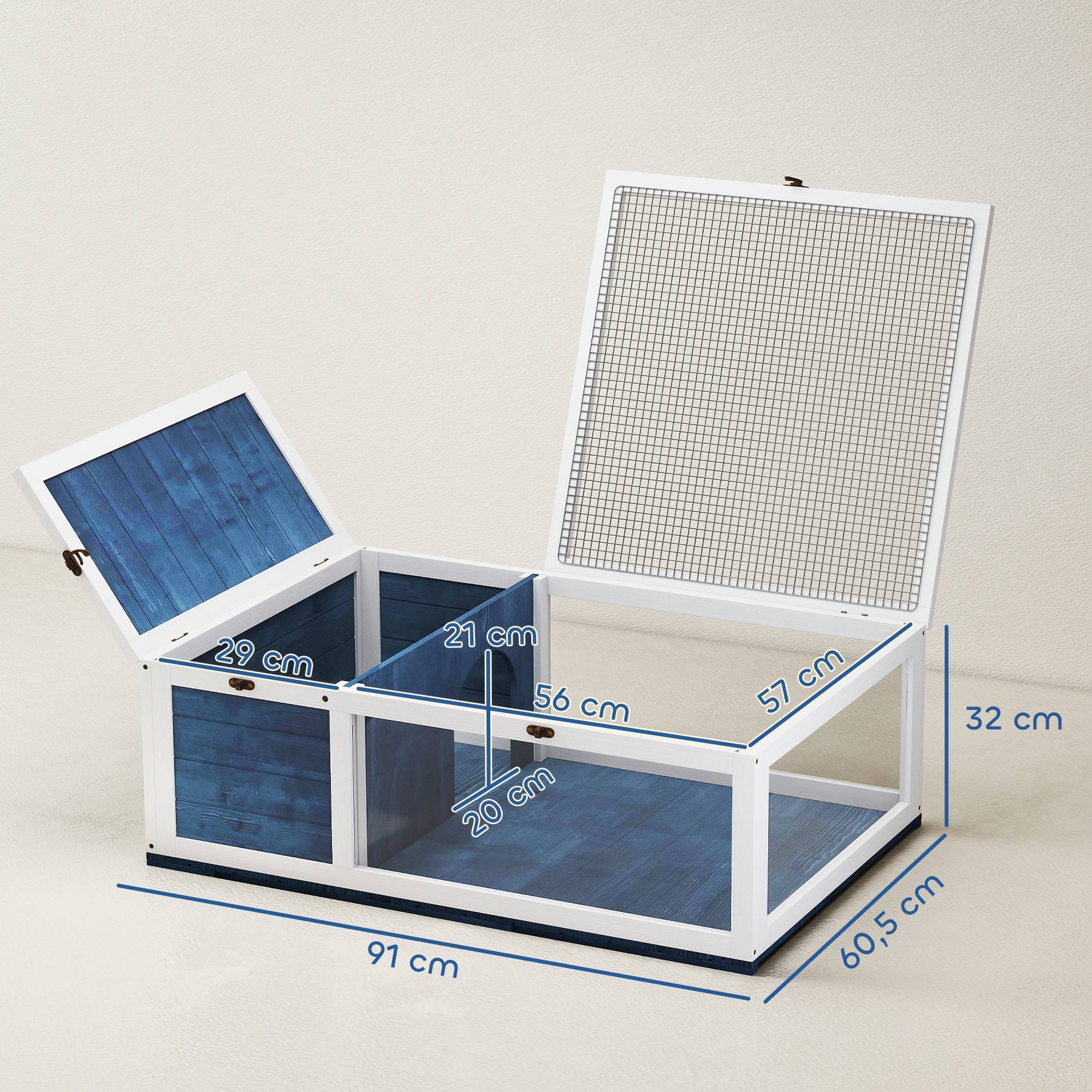 Maison pour tortues en bois avec maisons principales et dessus rabattable, 91x60,5x32 cm, bleu - Image 5