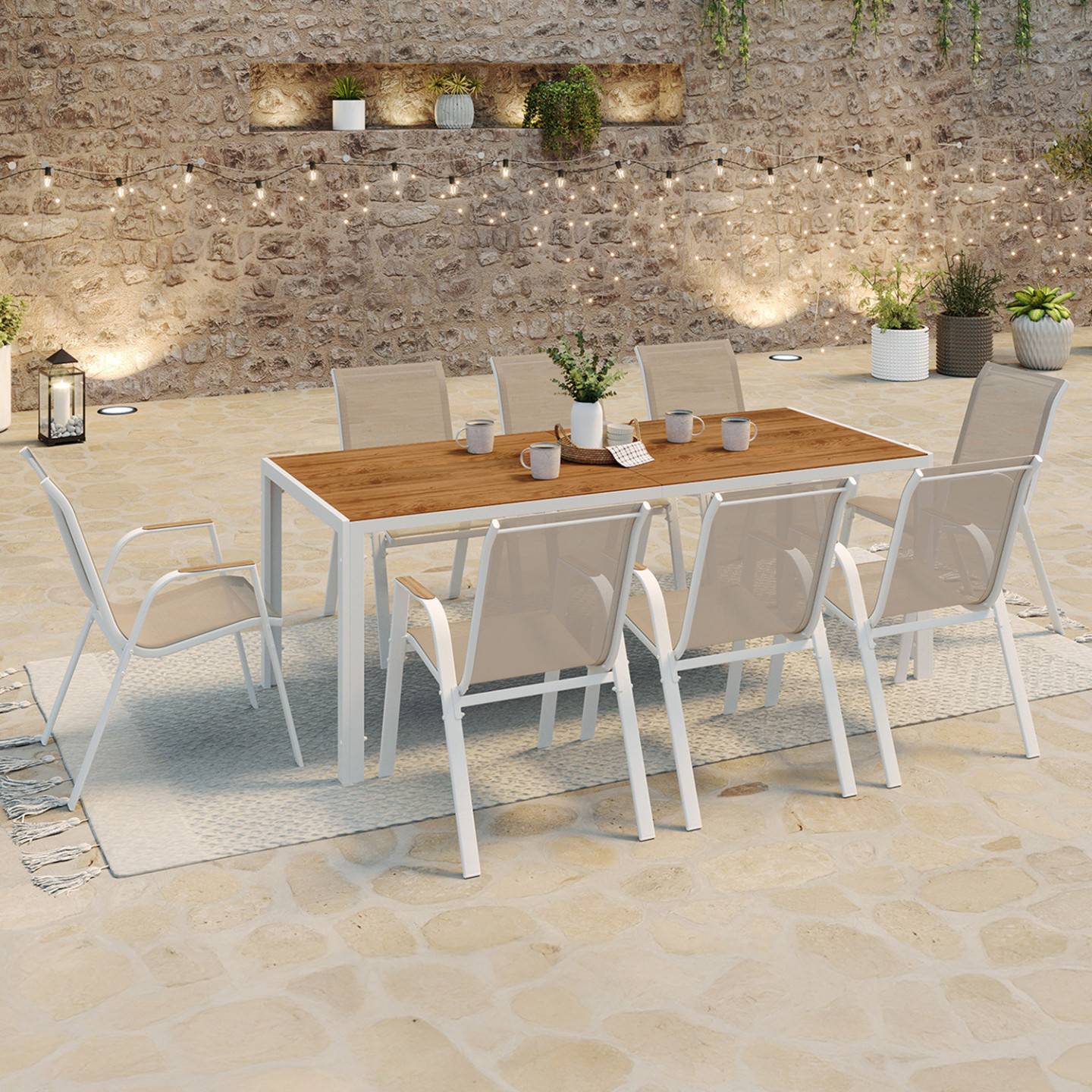 Salon de jardin NOUMEA table 190 cm plateau verre trempé effet bois et 8 chaises empilables blanc et bois - Image 1