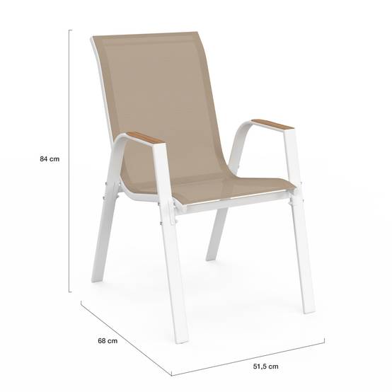 Salon de jardin NOUMEA table 190 cm plateau verre trempé effet bois et 8 chaises empilables blanc et bois - Image 6