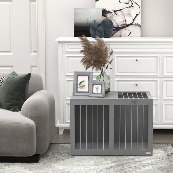 Cage pour chien intérieur avec 2 portes 80 x 50 x 56.5 cm acier et MDF gris - PANGIVO - Image 7