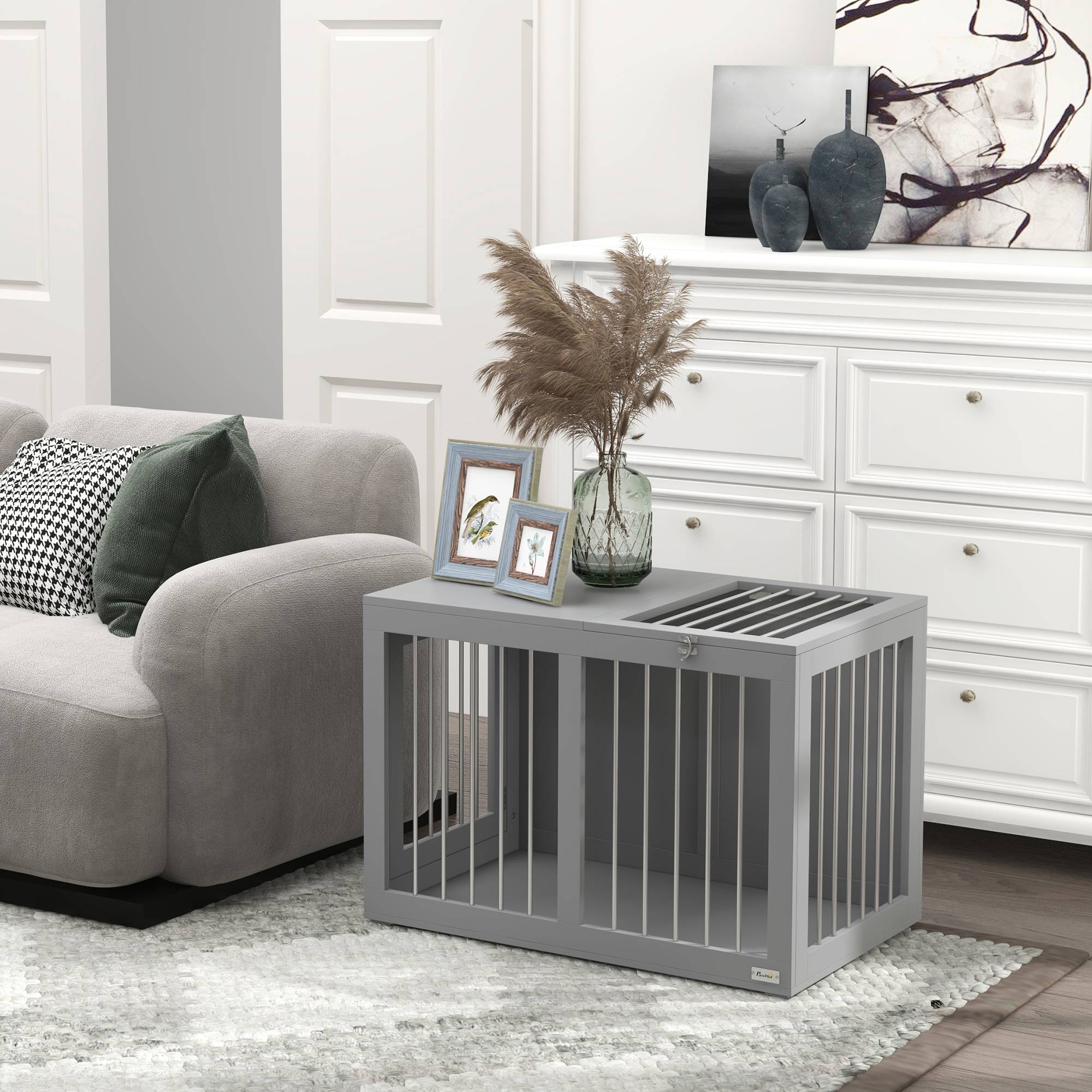 Cage pour chien intérieur avec 2 portes 80 x 50 x 56.5 cm acier et MDF gris - PANGIVO - Image 8