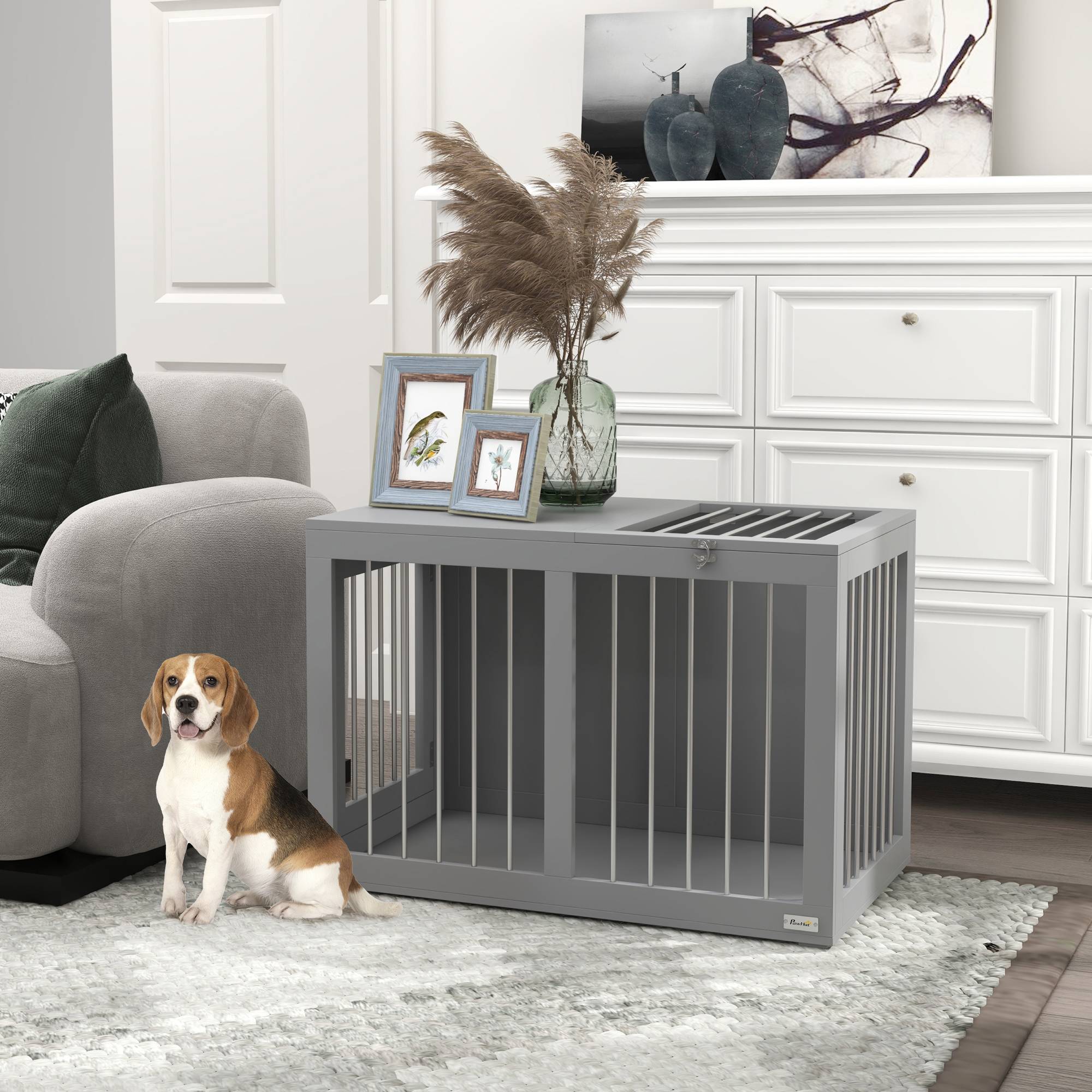 Cage pour chien intérieur avec 2 portes 80 x 50 x 56.5 cm acier et MDF gris - PANGIVO - Image 2