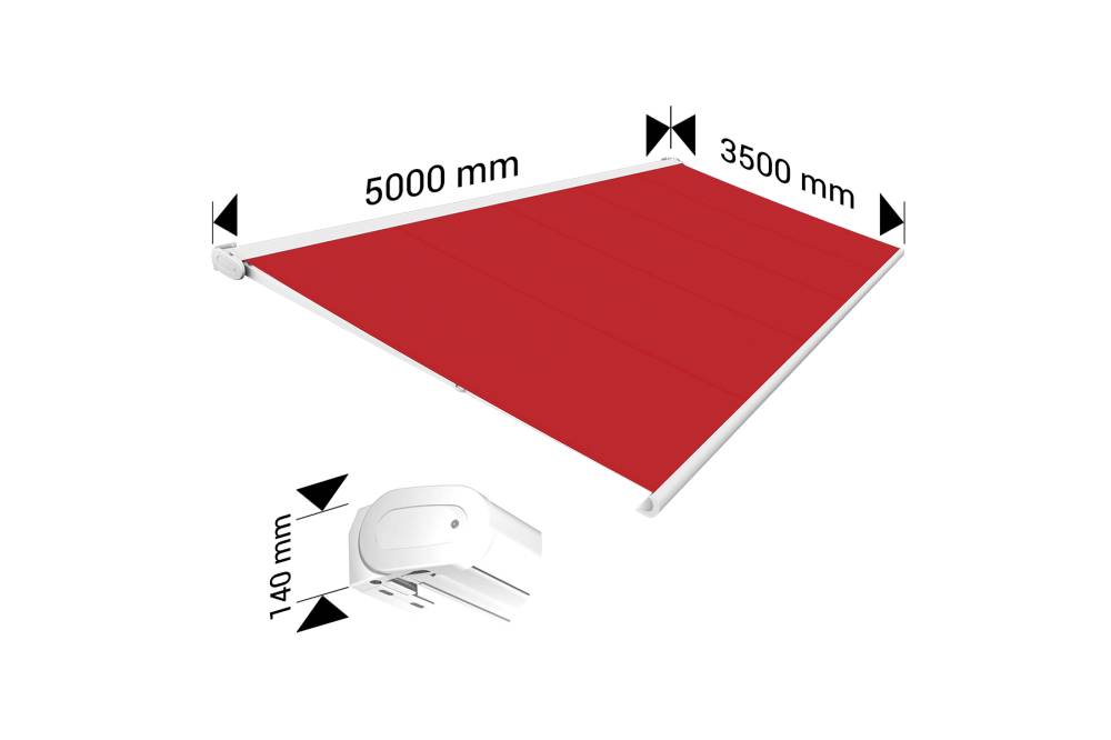 Ombrazur - Store banne Coffre intégral PROTECT 2 SMART Blanc 5x3,5m Motorisé à télécommande + Capteur Vent - Toile Rouge - Image 4