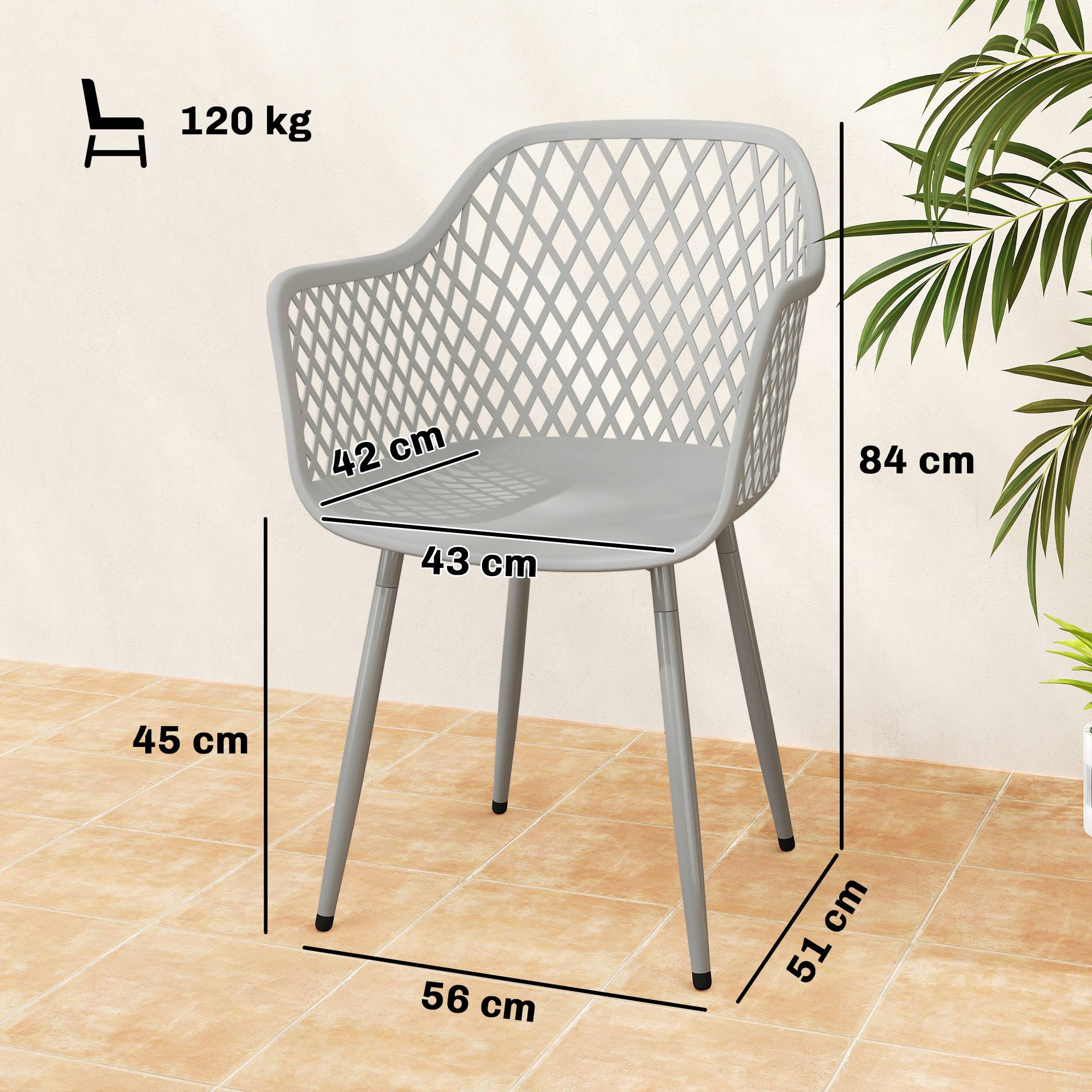 Ensemble de chaises de jardin de 4 chaises de jardin en plastique résistantes aux UV avec dossier d’accoudoir de 56 x 51 x 84 cm gris - Image 3
