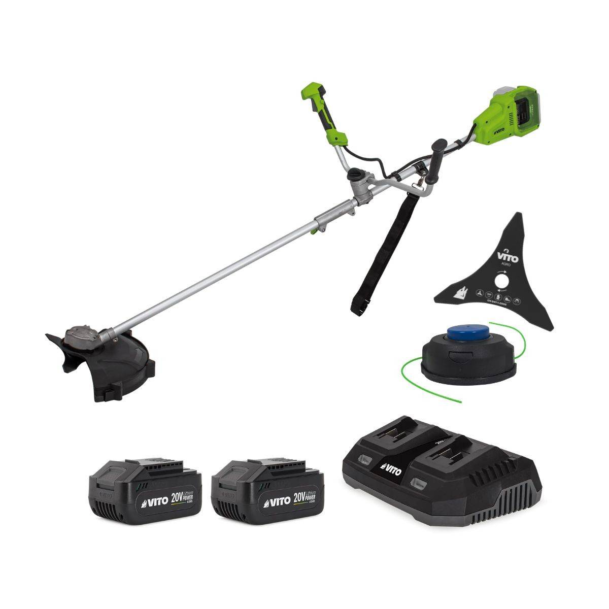 Débroussailleuse et Coupe bordure 40V 2 Batteries Lithium 4.0 Ah + Chargeur Double Lame 3 dents Bobine de fil + Harnais VITO - Imagen 1