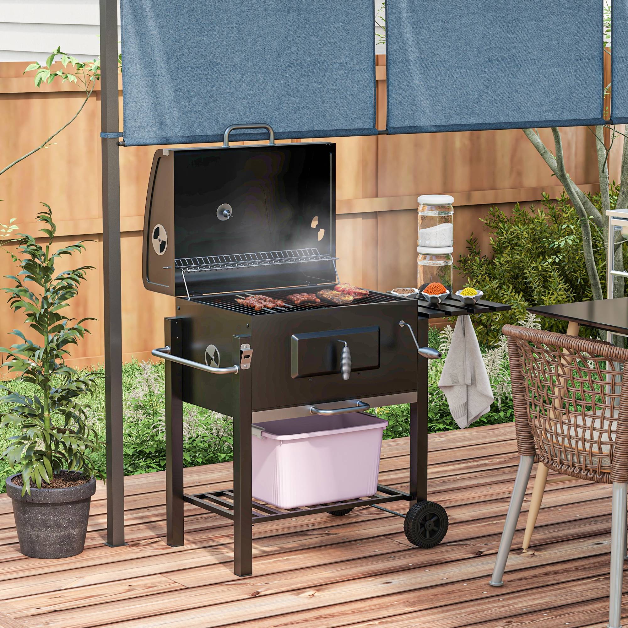 ComfortXL - Barbecue charbon acier inoxydable jardin terrasse hauteur réglable 113x65x108cm noir - ComfortXL Outdoor Living - Image 1