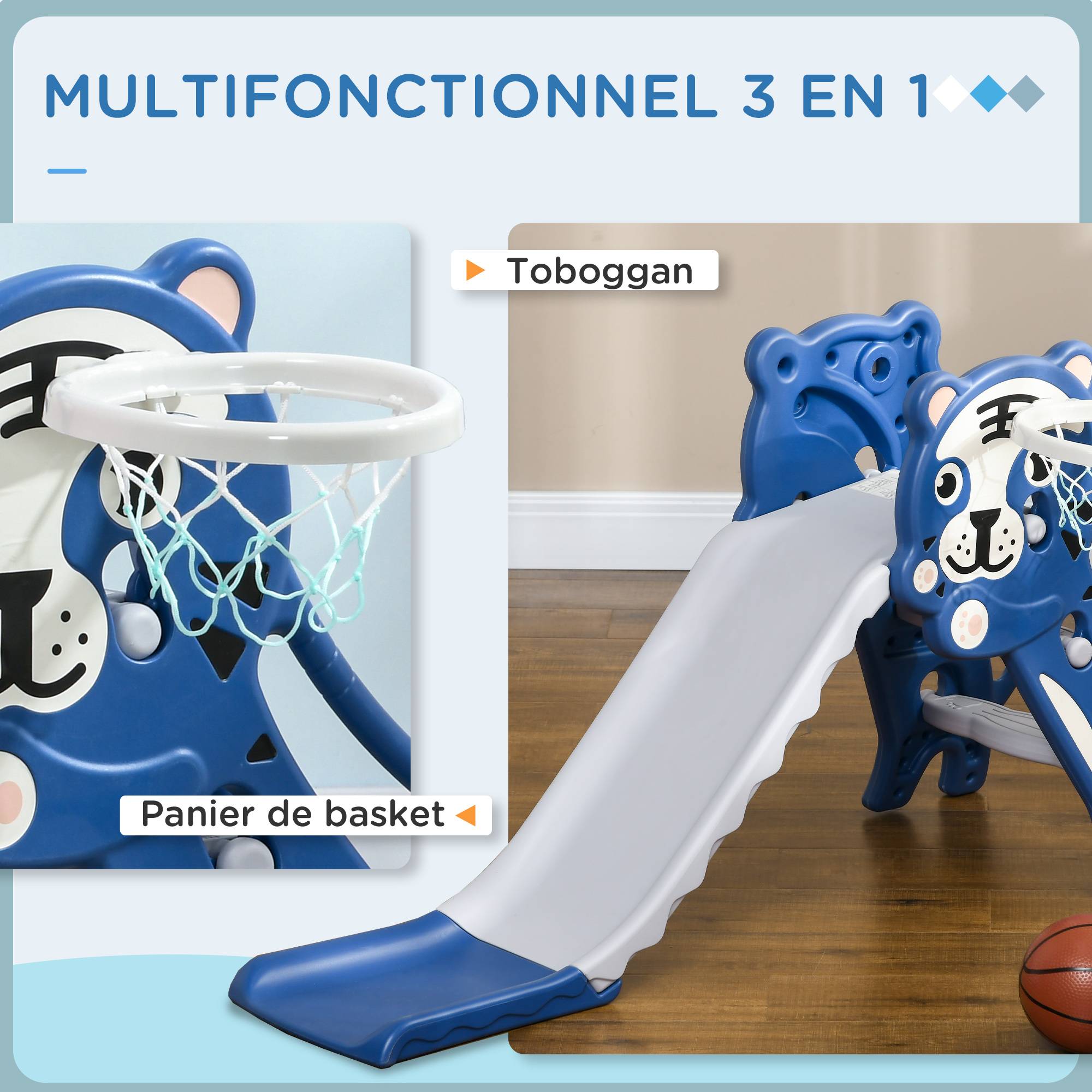 Toboggan pour enfants, toboggan intérieur pour enfants, avec panier de basket, thème tigre, de 18 à 36 mois, bleu - Image 5