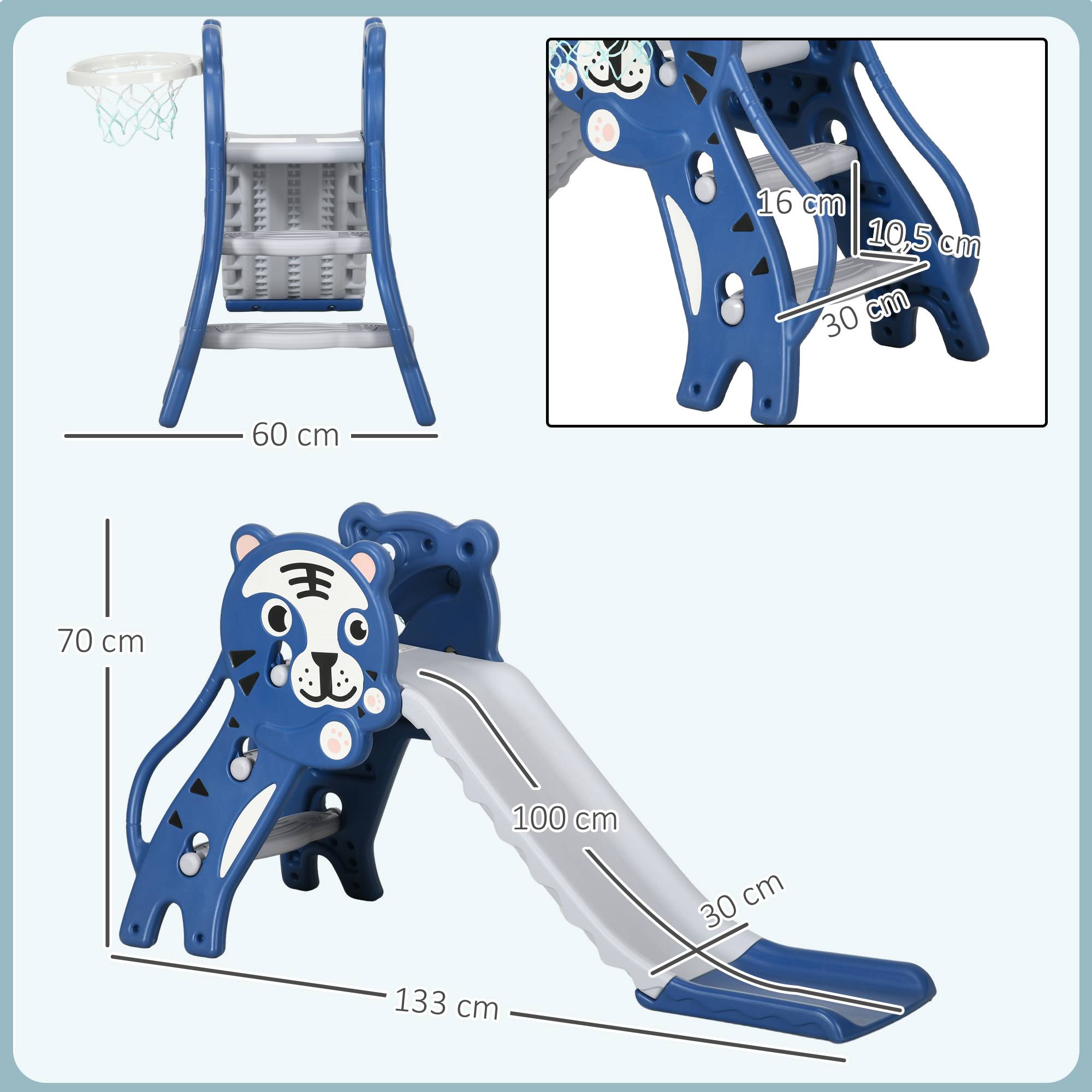 Toboggan pour enfants, toboggan intérieur pour enfants, avec panier de basket, thème tigre, de 18 à 36 mois, bleu - Image 4