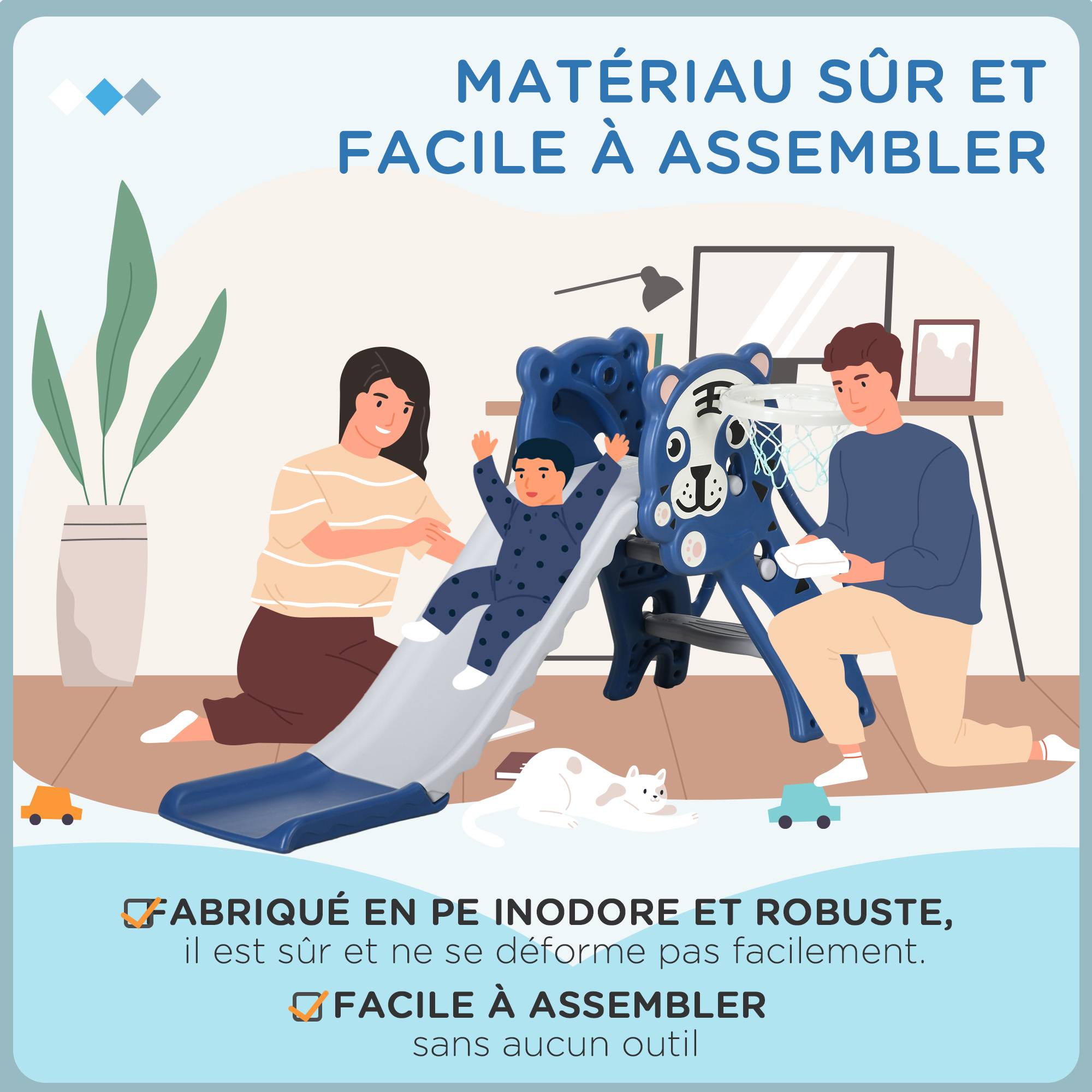 Toboggan pour enfants, toboggan intérieur pour enfants, avec panier de basket, thème tigre, de 18 à 36 mois, bleu - Image 8