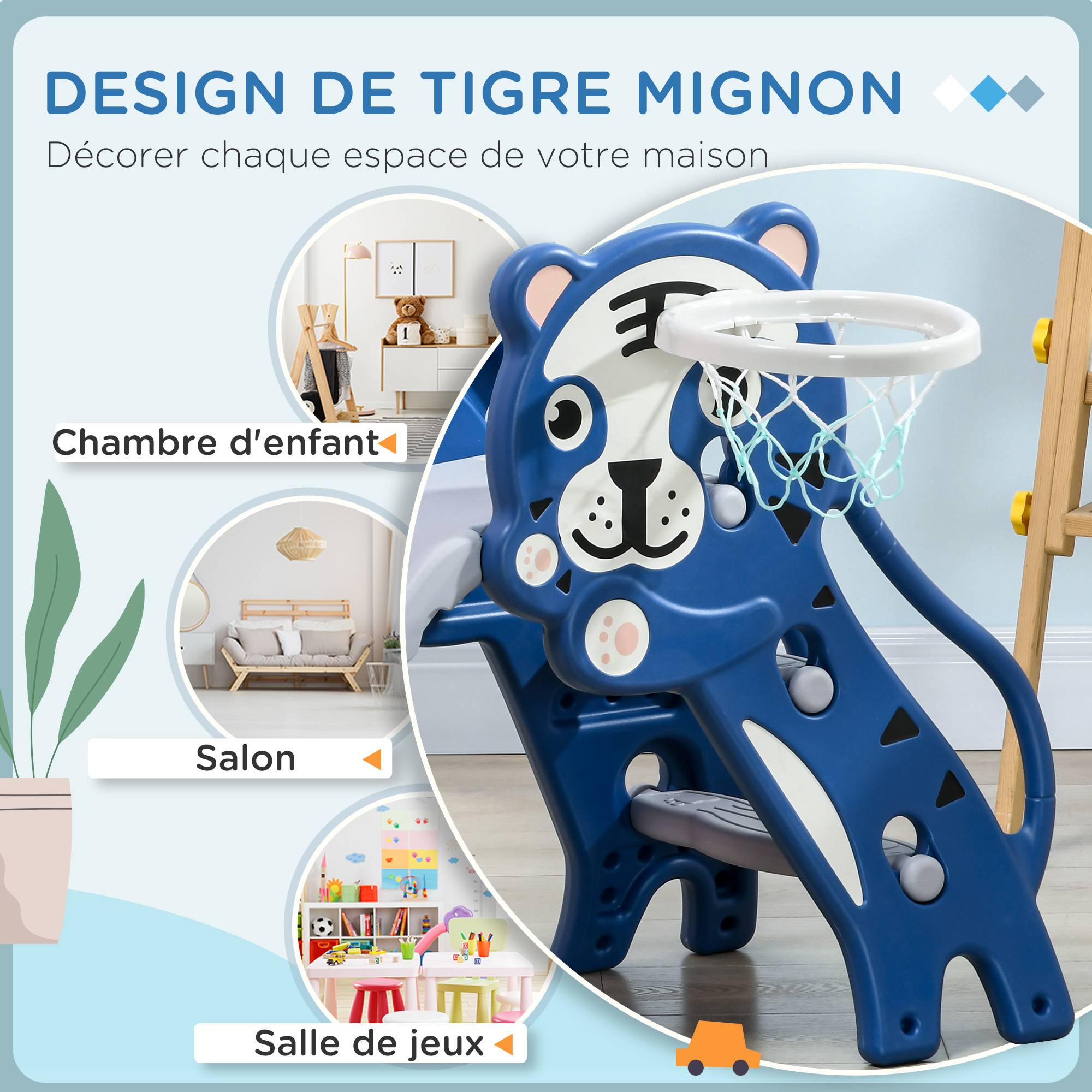 Toboggan pour enfants, toboggan intérieur pour enfants, avec panier de basket, thème tigre, de 18 à 36 mois, bleu - Image 6