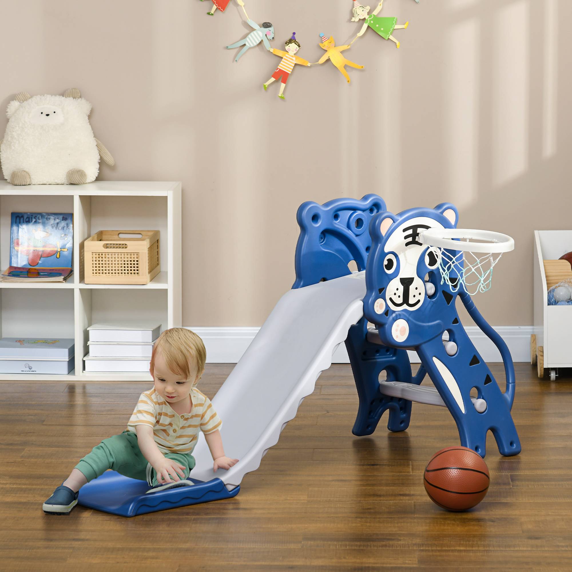 Toboggan pour enfants, toboggan intérieur pour enfants, avec panier de basket, thème tigre, de 18 à 36 mois, bleu - Image 2