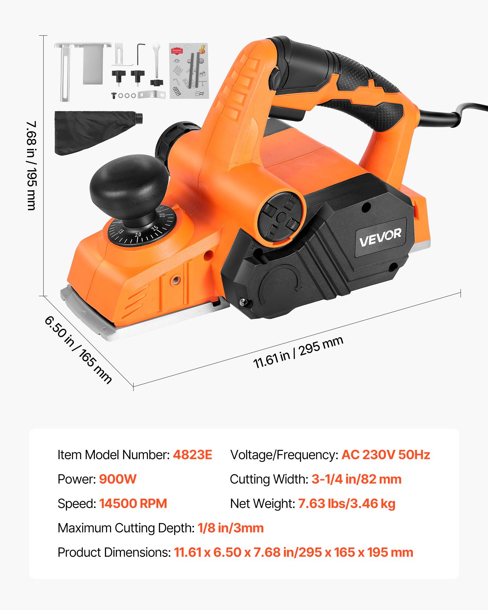 VEVOR Rabot Électrique Filaire Raboteuse à Bois à Main 82 mm 900 W 14500 tr/min - Image 7
