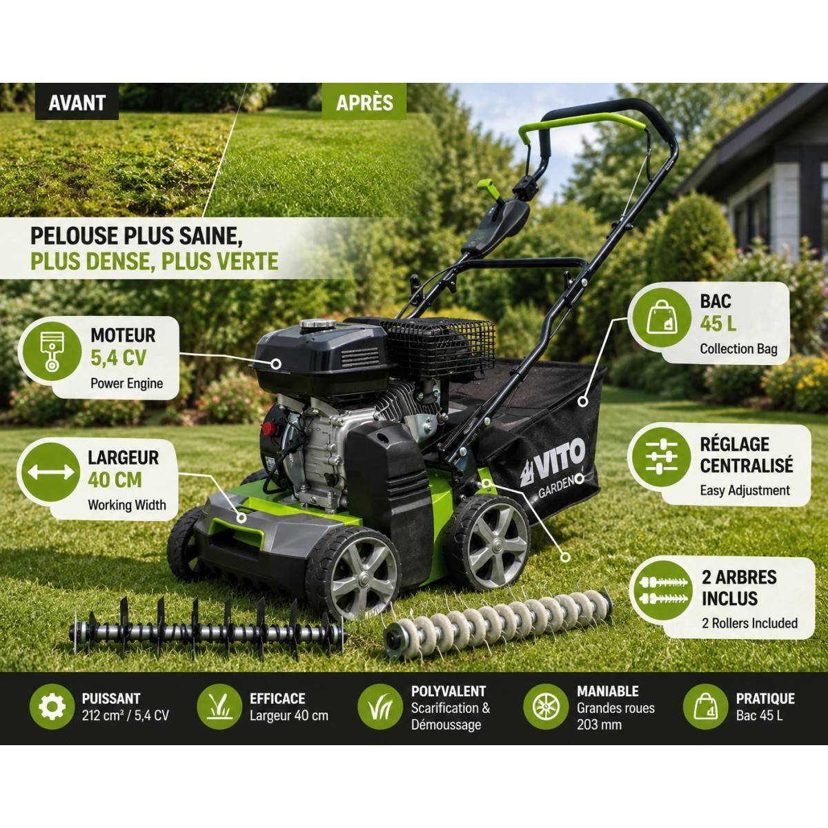 Scarificateur Thermique 5,4 CV – Scarificateur & Démousseur Pelouse 2000 m², Largeur 40cm, Réglable, Bac 45L VITO - Imagen 2