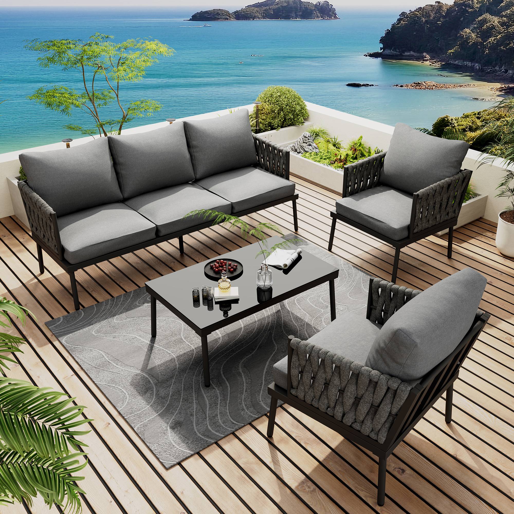 Canapé de jardin 3 places avec 2 fauteuils et table Acier Gris - PANGIVO - Image 1