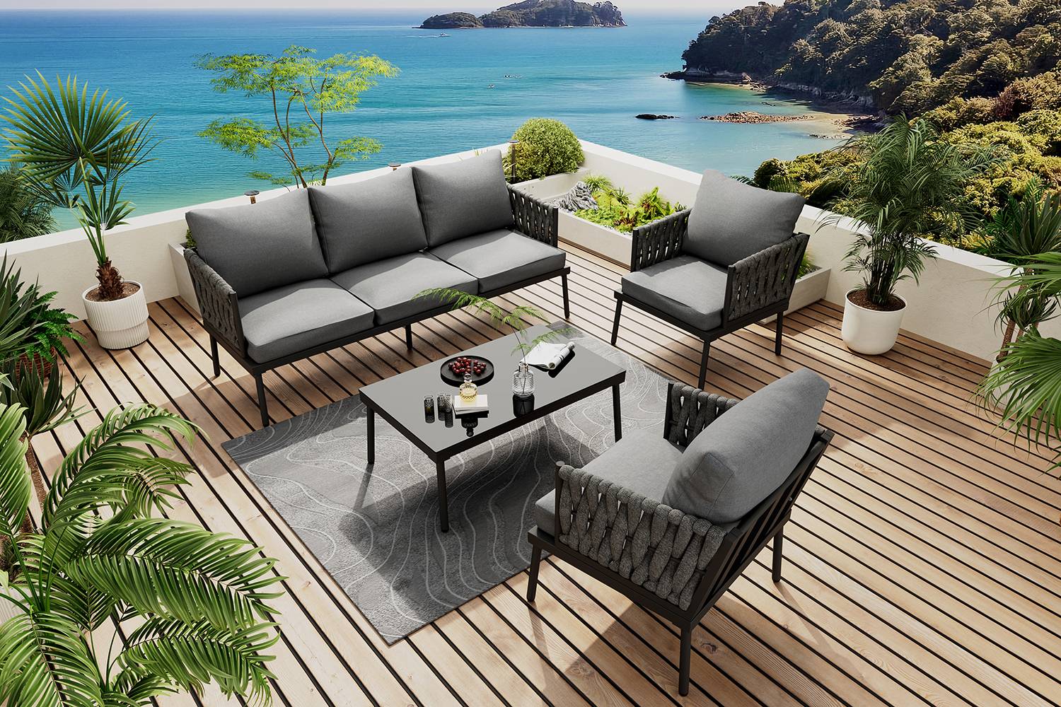 Canapé de jardin 3 places avec 2 fauteuils et table Acier Gris - PANGIVO - Image 8