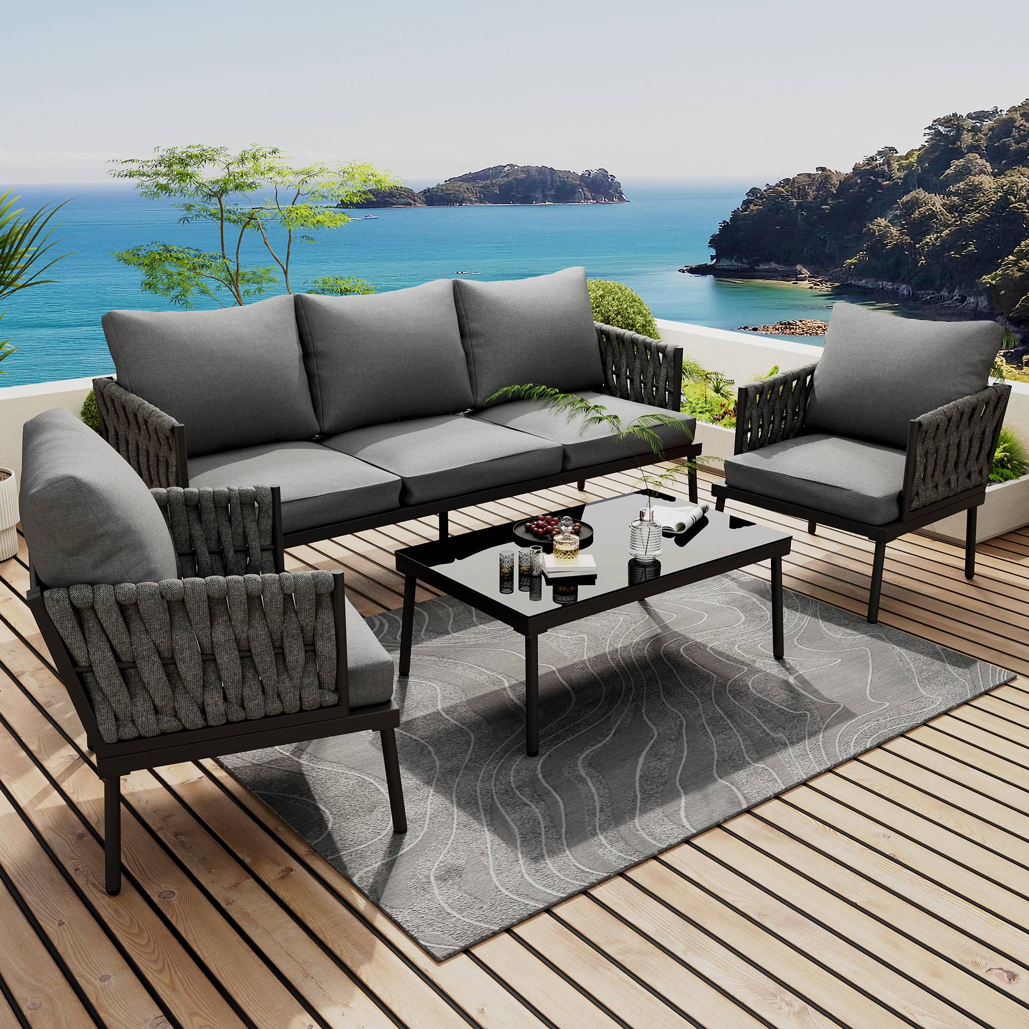 Canapé de jardin 3 places avec 2 fauteuils et table Acier Gris - PANGIVO - Image 2