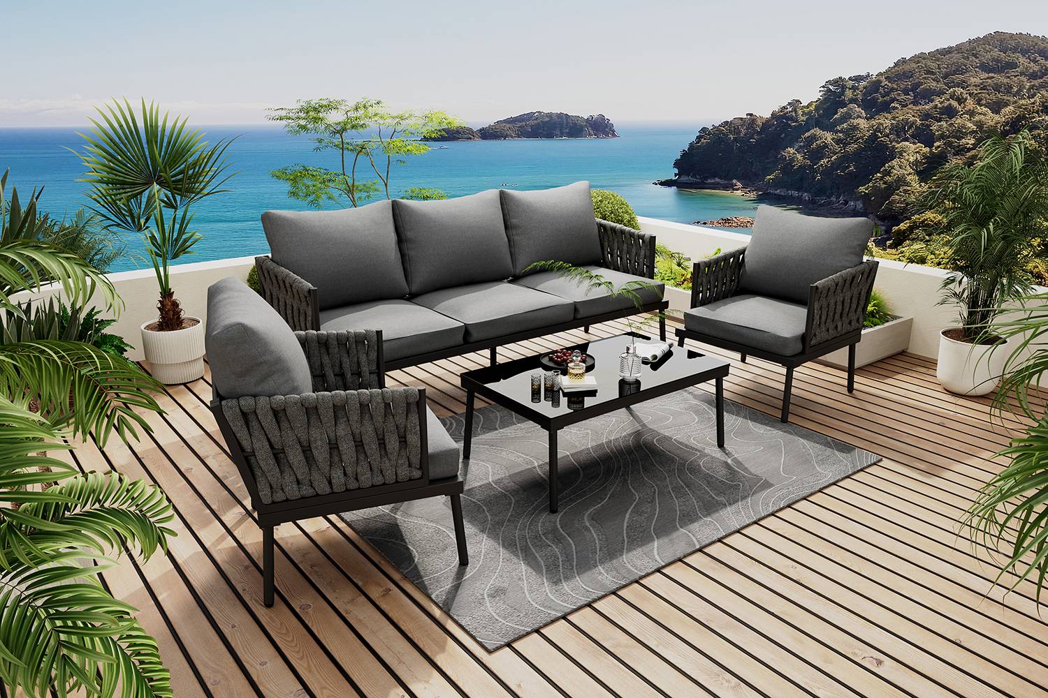 Canapé de jardin 3 places avec 2 fauteuils et table Acier Gris - PANGIVO - Image 9
