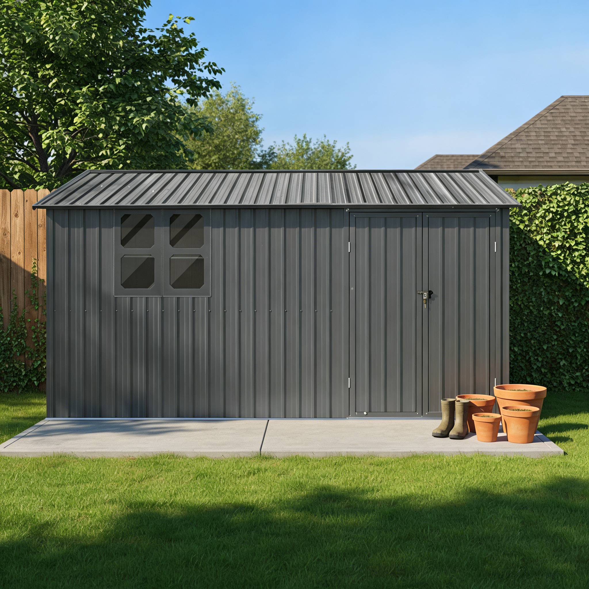 Abri de jardin en métal pour extérieur avec table pliante et étagères 10,3m² Gris - ComfortXL Outdoor Living - Image 10