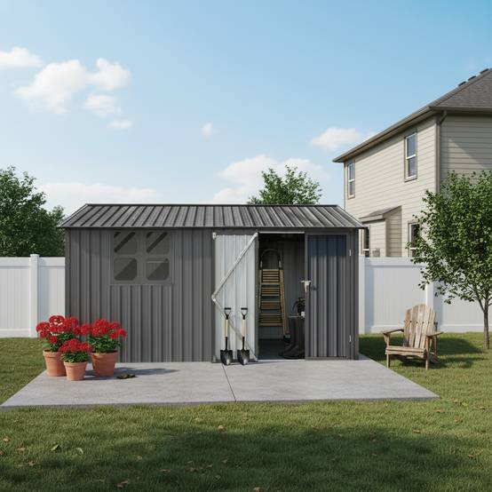 Abri de jardin en métal pour extérieur avec table pliante et étagères 10,3m² Gris - ComfortXL Outdoor Living - Image 1