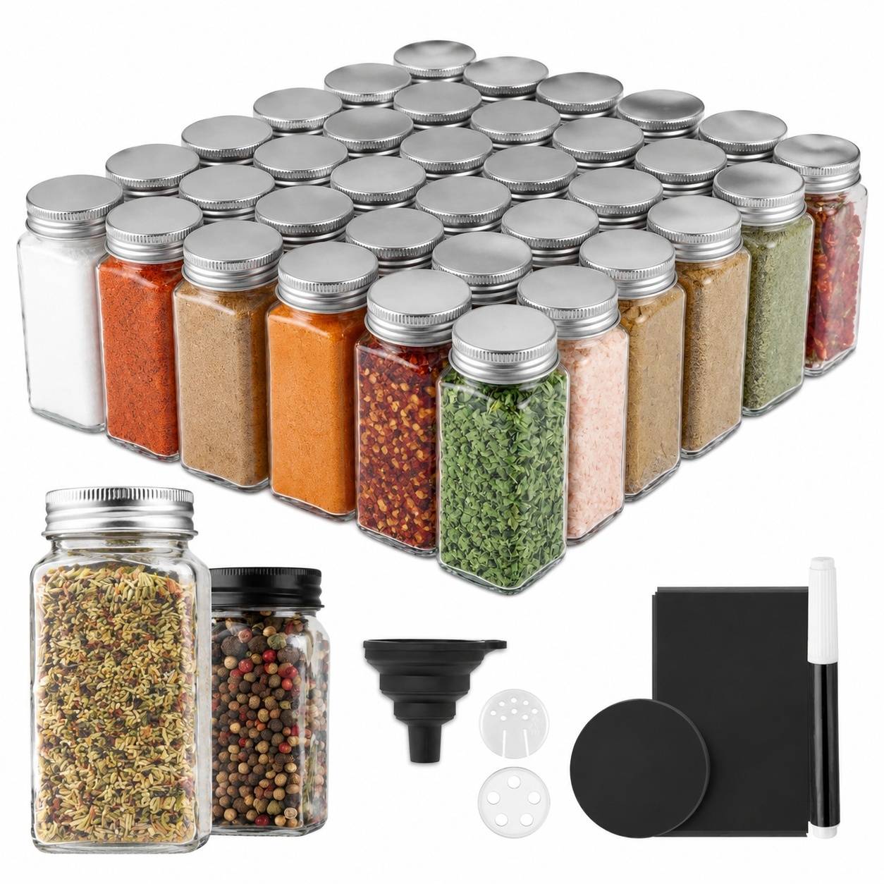 Set de 36 Pots à Épices en Verre Hermétiques avec Couvercles et Étiquettes