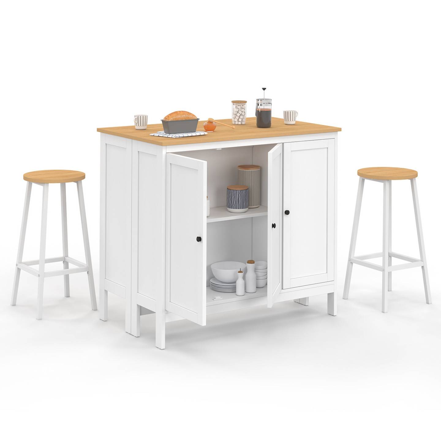 IDarket - Table de Bar îlot Juno Bois Blanc et Plateau façon hêtre