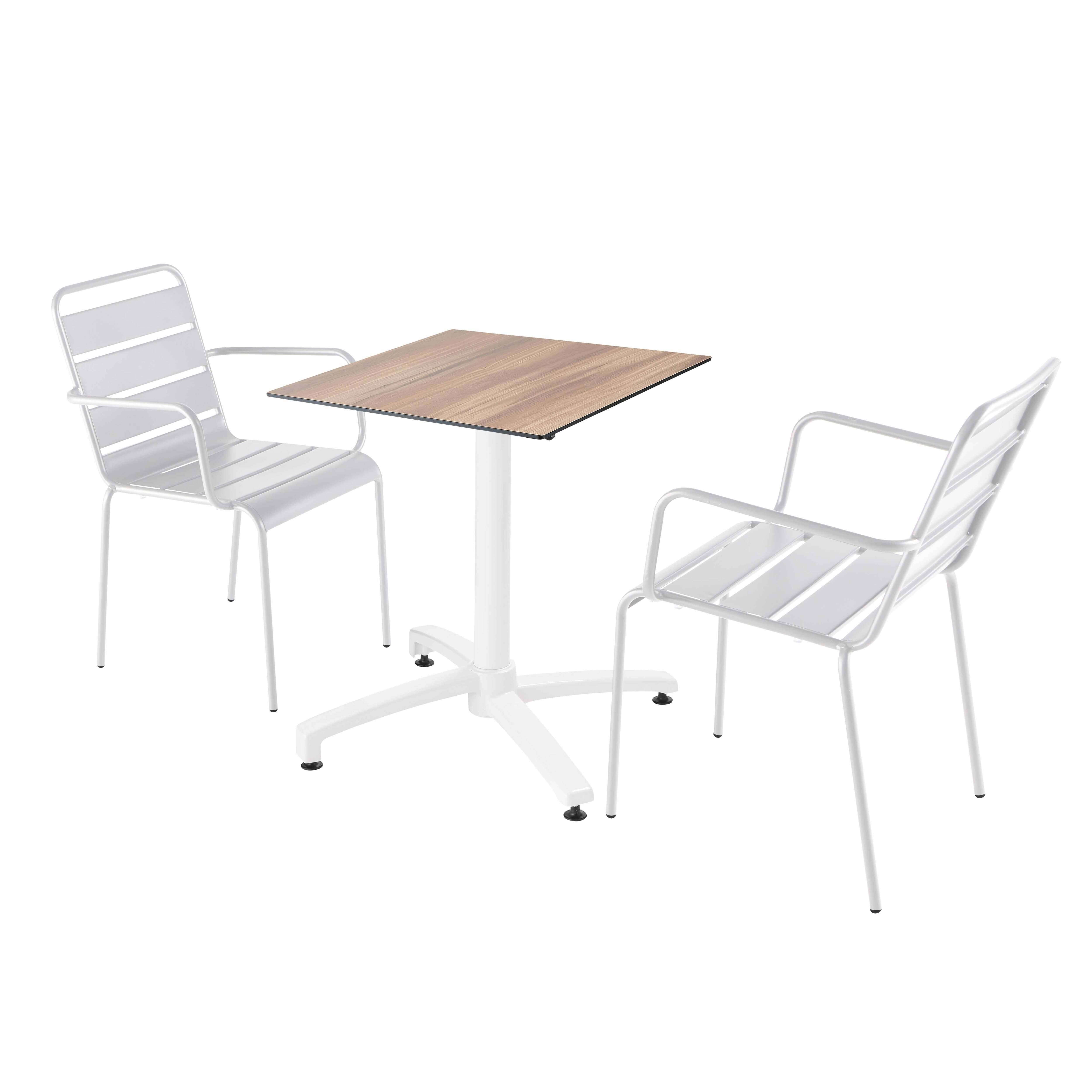 Oviala - Ensemble table de terrasse stratifié chêne foncé et 2 fauteuils blanc - Oviala - Imagen 1