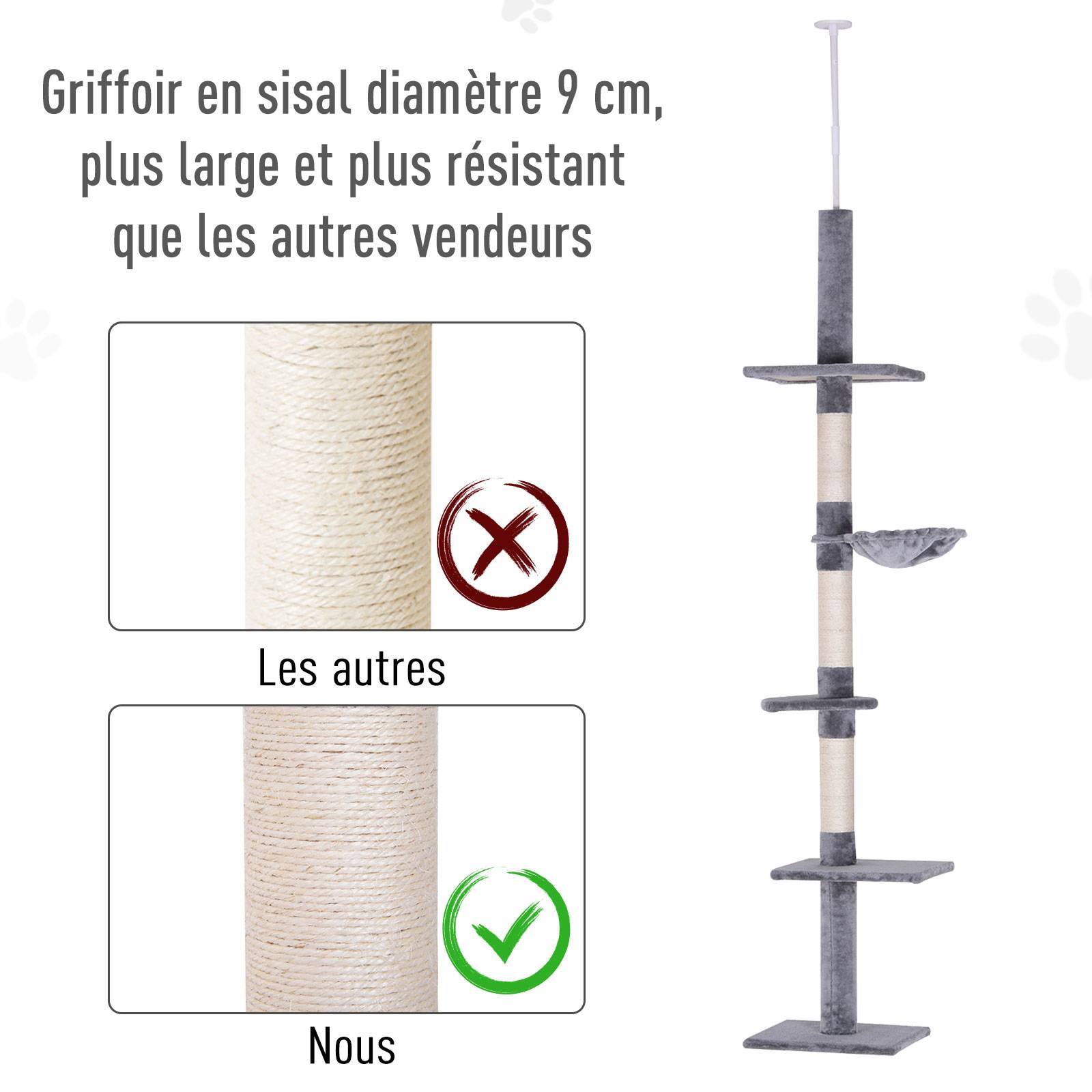 Pawhut - Arbre à chat poteau à griffer L40 x l 34 x H 230-260 cm 5 niveaux d'activités gris - Imagen 6