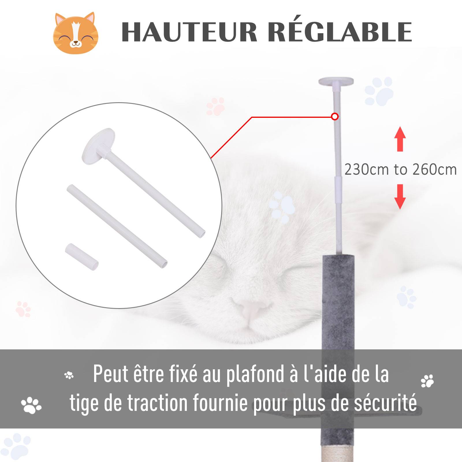 Pawhut - Arbre à chat poteau à griffer L40 x l 34 x H 230-260 cm 5 niveaux d'activités gris - Imagen 5