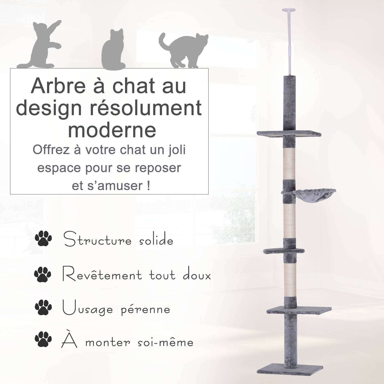 Pawhut - Arbre à chat poteau à griffer L40 x l 34 x H 230-260 cm 5 niveaux d'activités gris - Imagen 4