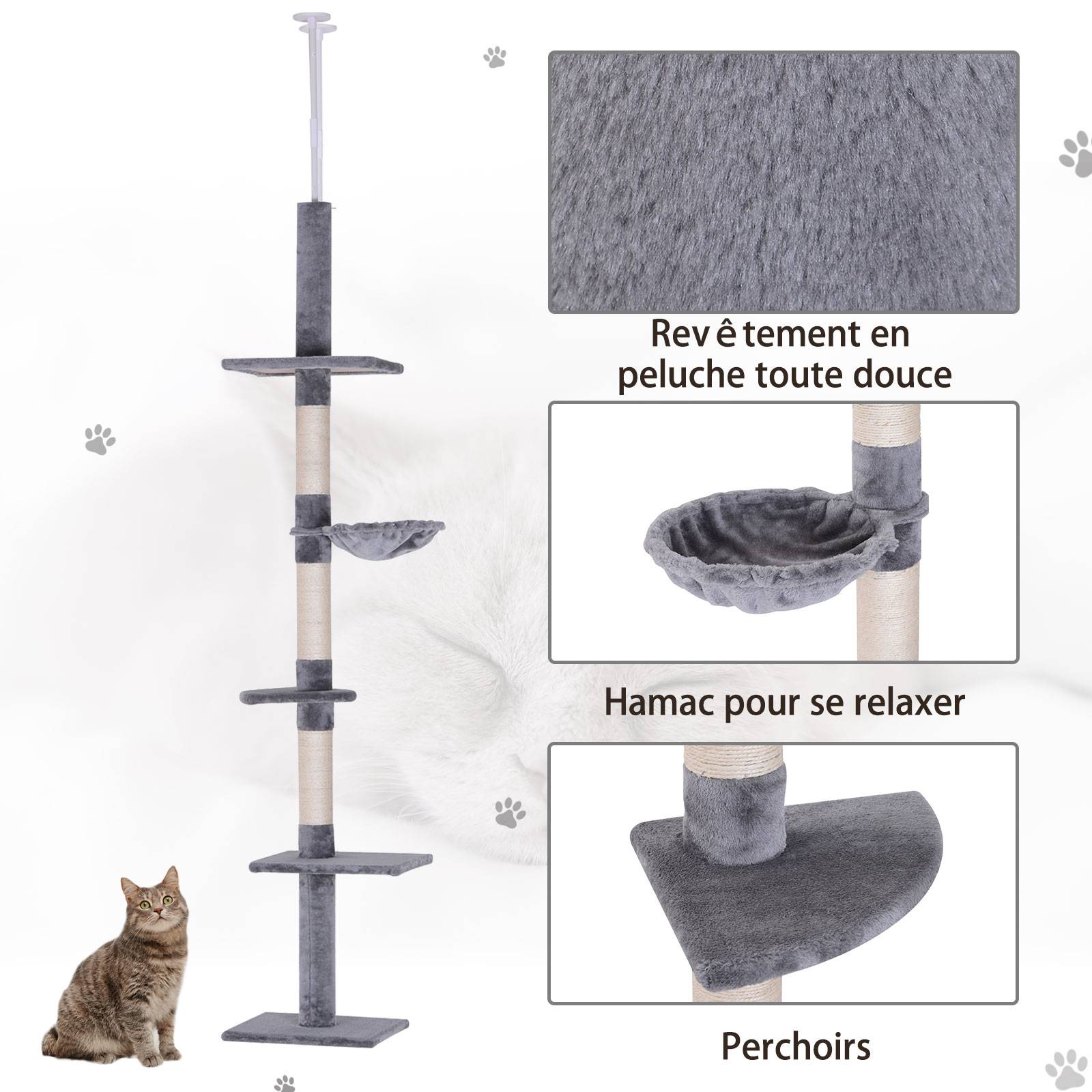 Pawhut - Arbre à chat poteau à griffer L40 x l 34 x H 230-260 cm 5 niveaux d'activités gris - Imagen 7