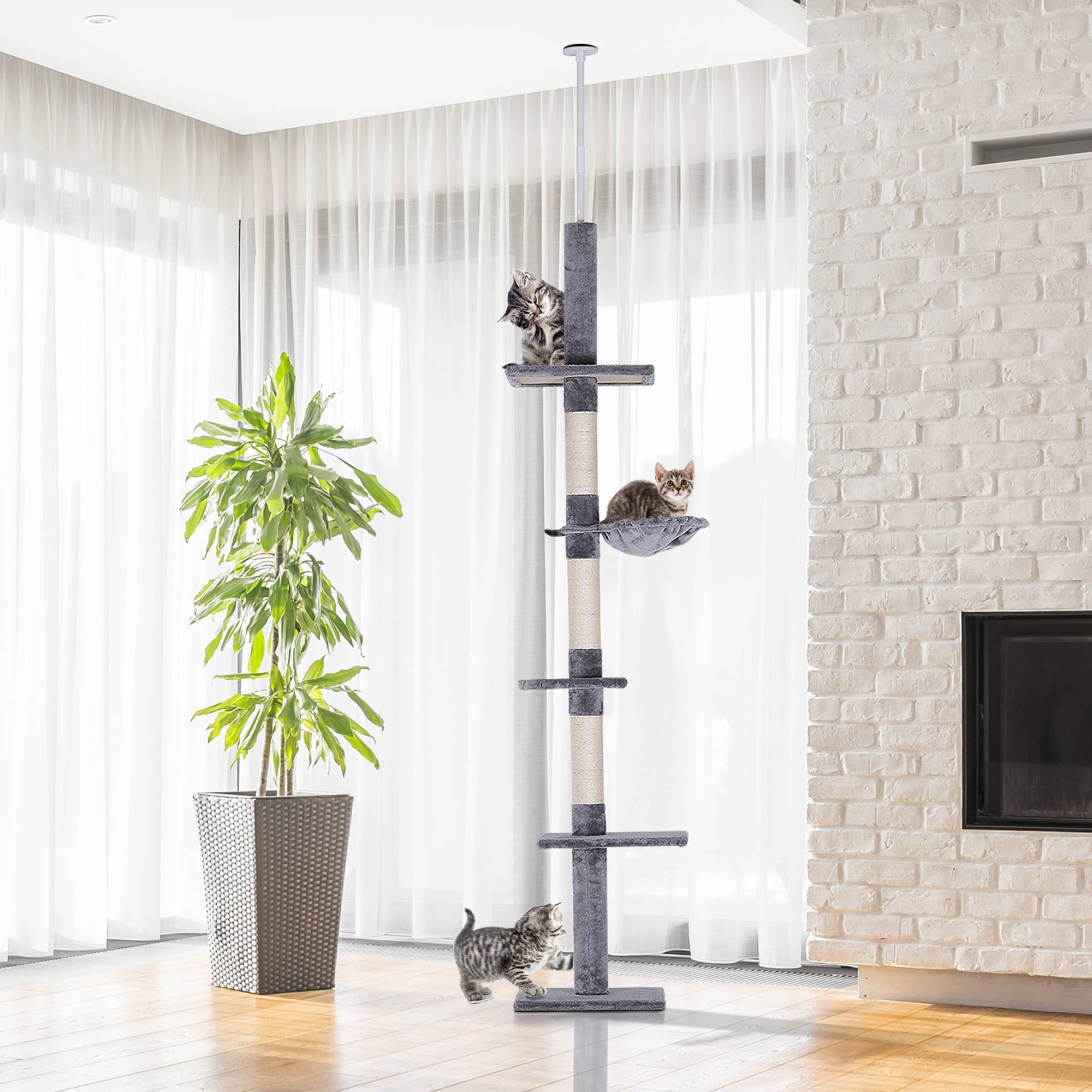 Pawhut - Arbre à chat poteau à griffer L40 x l 34 x H 230-260 cm 5 niveaux d'activités gris - Imagen 2