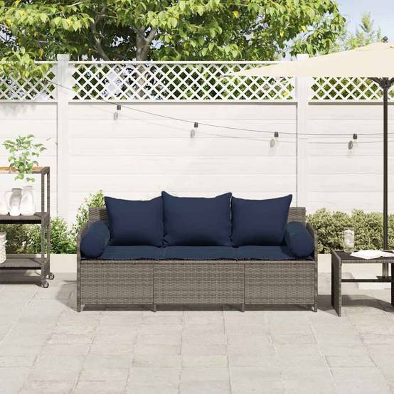 Canapé Extérieur 3 Places Résine Tressée Grise & Tissu Polyester Résistant pour Jardin ou Véranda Bleu – ComfortXL Outdoor Living - Image 3