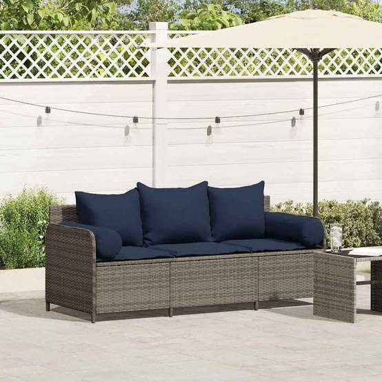Canapé Extérieur 3 Places Résine Tressée Grise & Tissu Polyester Résistant pour Jardin ou Véranda Bleu – ComfortXL Outdoor Living - Image 1