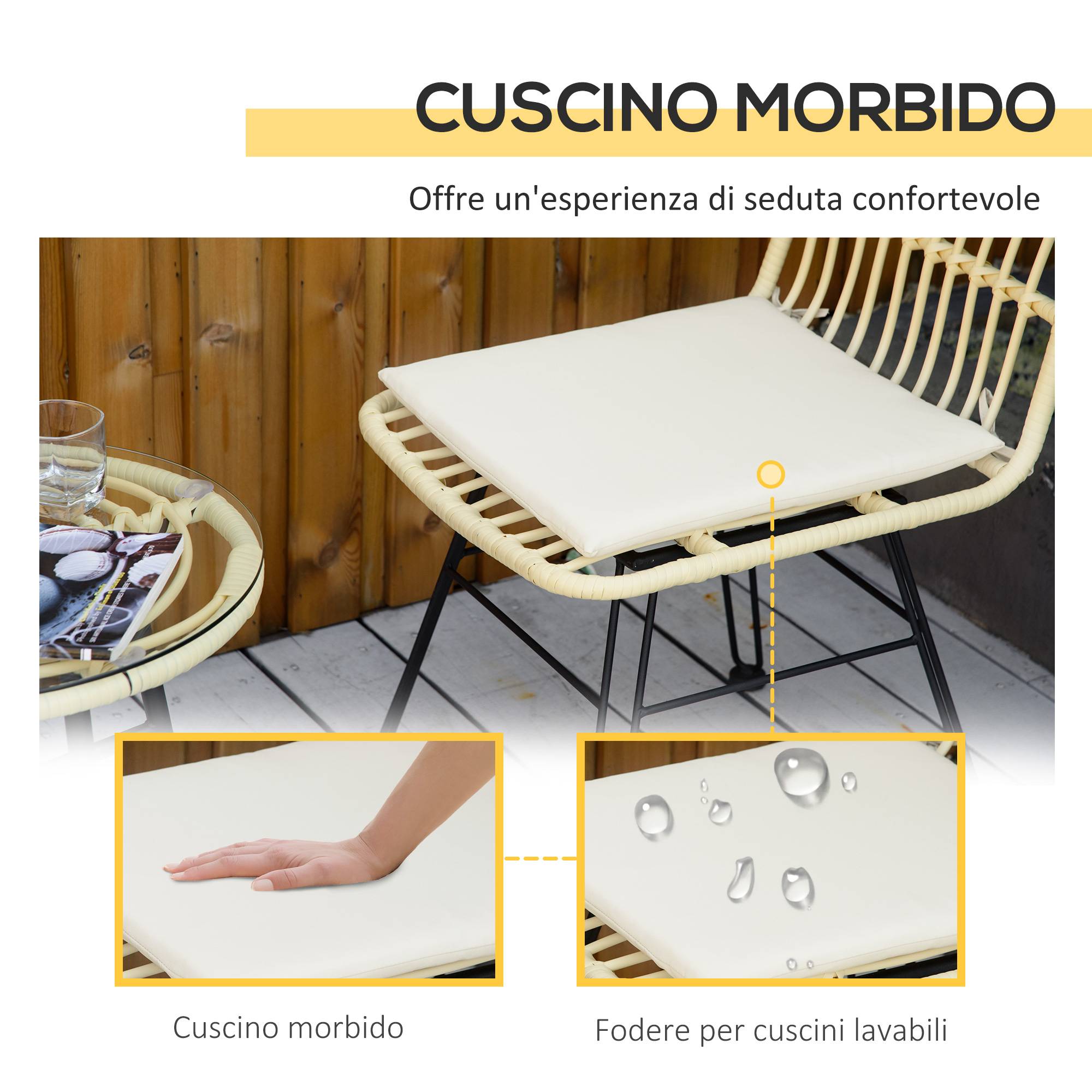 Ensemble table et chaises jardin 3 pcs rotin PE et acier, bistrot, table verre, 2 chaises, crème - Image 9
