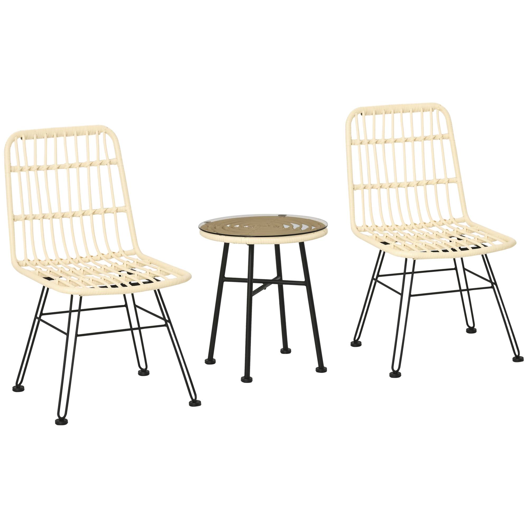 Ensemble table et chaises jardin 3 pcs rotin PE et acier, bistrot, table verre, 2 chaises, crème - Image 1