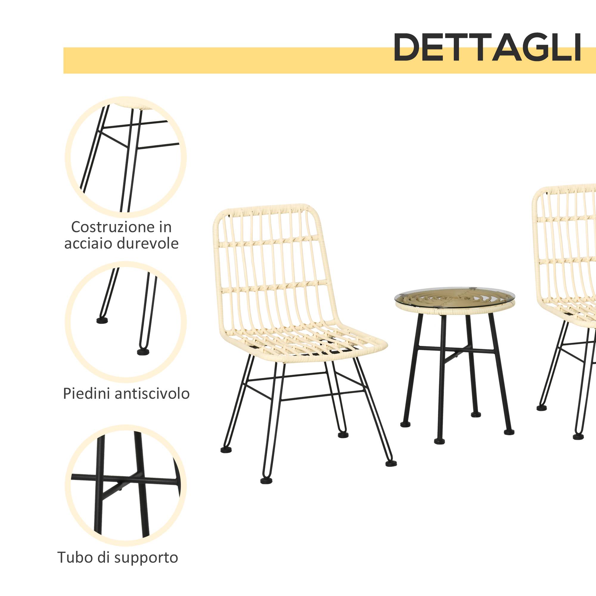 Ensemble table et chaises jardin 3 pcs rotin PE et acier, bistrot, table verre, 2 chaises, crème - Image 7