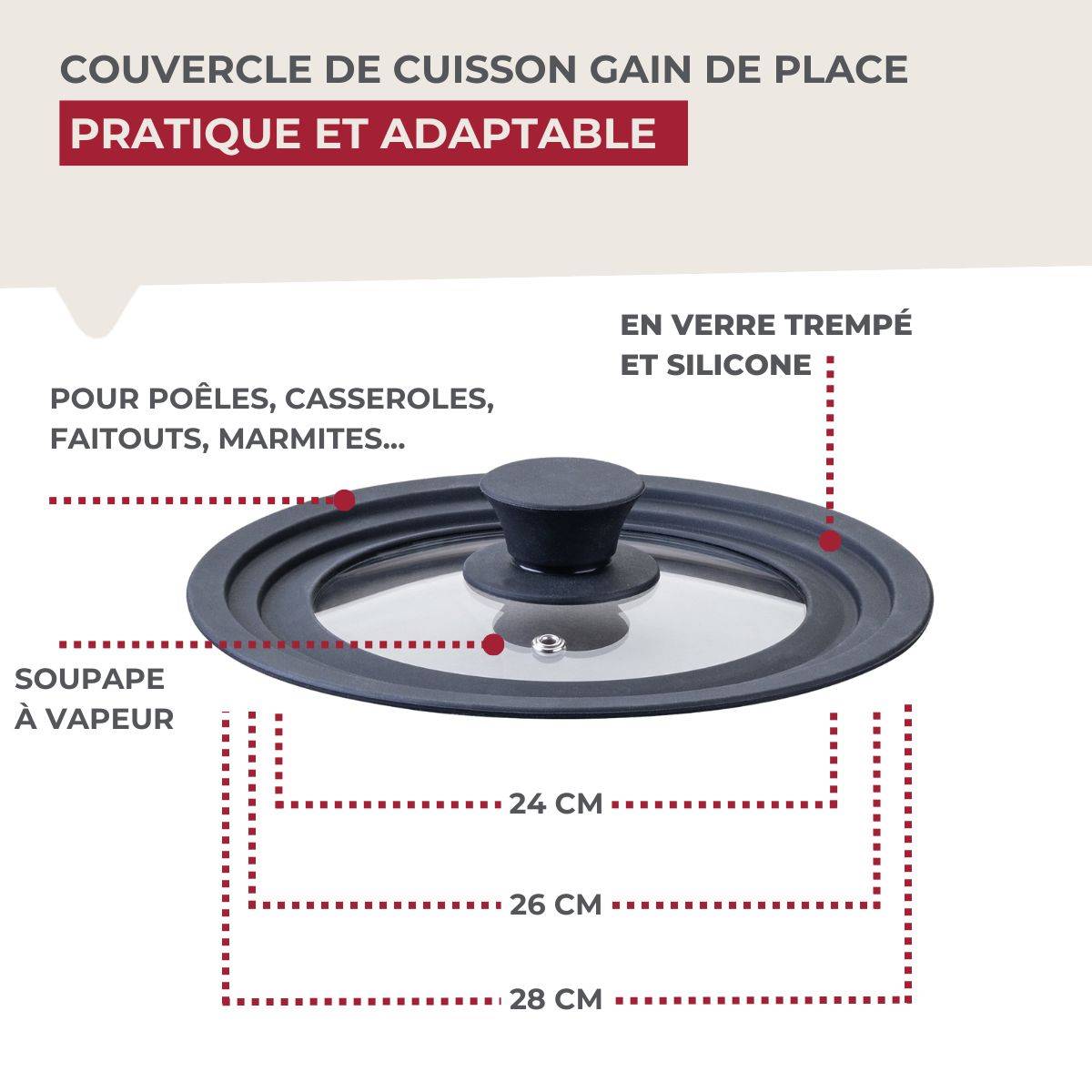 Couvercle de cuisson adaptable de 24 à 28 cm en verre et silicone Fackelmann - Image 6