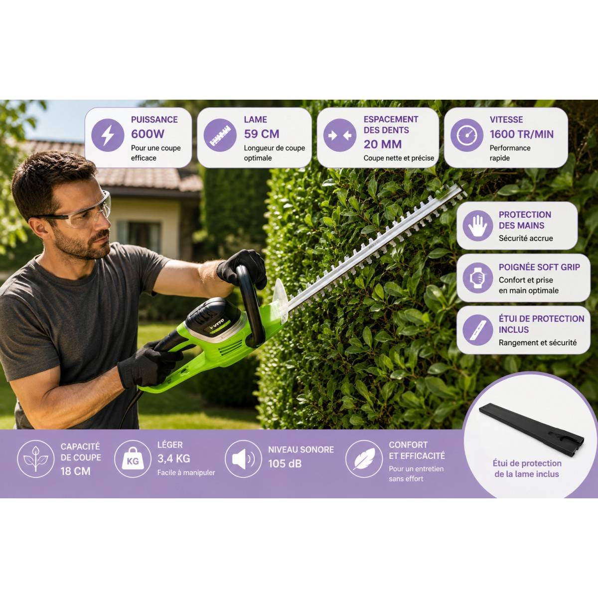 Taille haies 600W Lame double 59cm Protection mains Poignée avec interrupteur VITO - Imagen 2