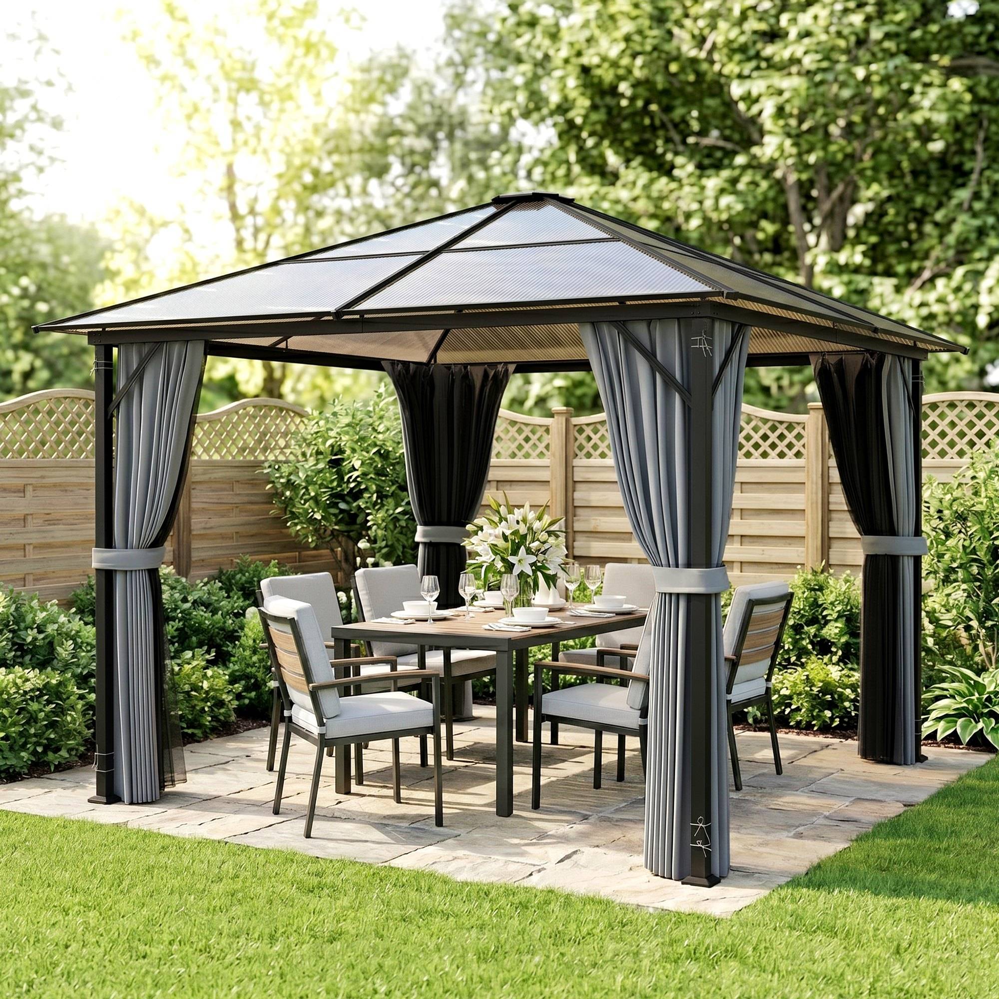 Pavillon toit polycarbonate rideaux moustiquaire structure alu gris foncé 3x3 m - Image 4