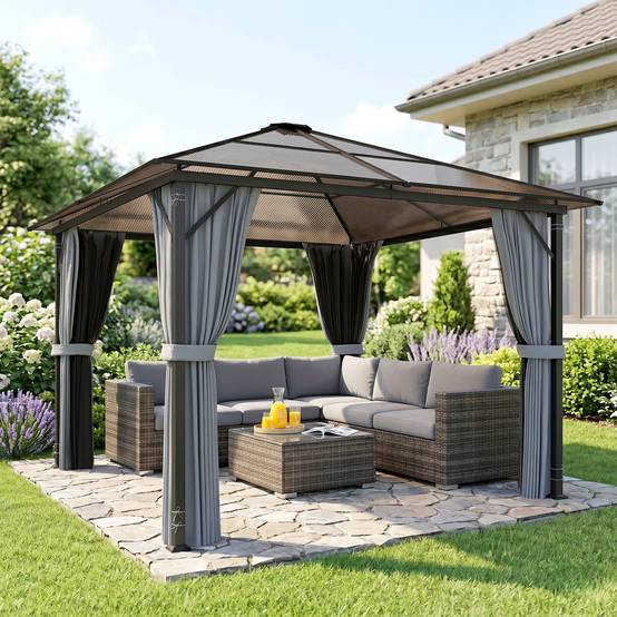 Pavillon toit polycarbonate rideaux moustiquaire structure alu gris foncé 3x3 m - Image 3
