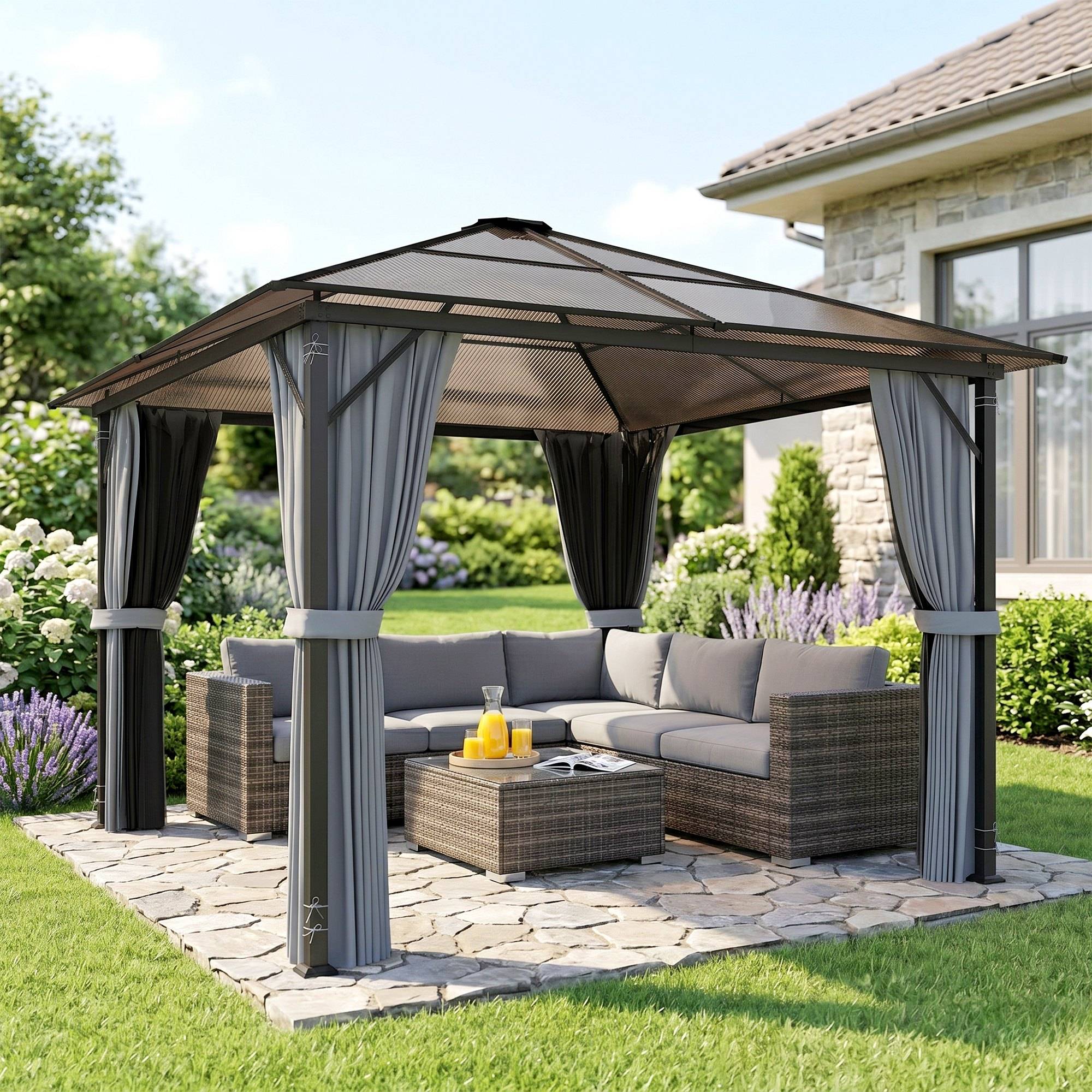 Pavillon toit polycarbonate rideaux moustiquaire structure alu gris foncé 3x3 m - Image 3