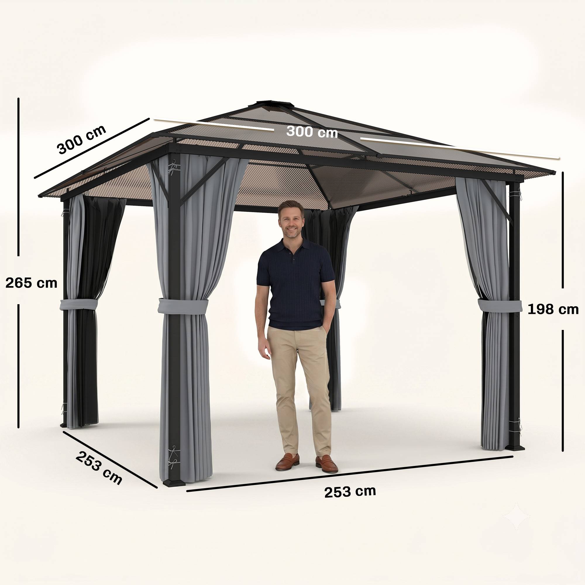 Pavillon toit polycarbonate rideaux moustiquaire structure alu gris foncé 3x3 m - Image 5
