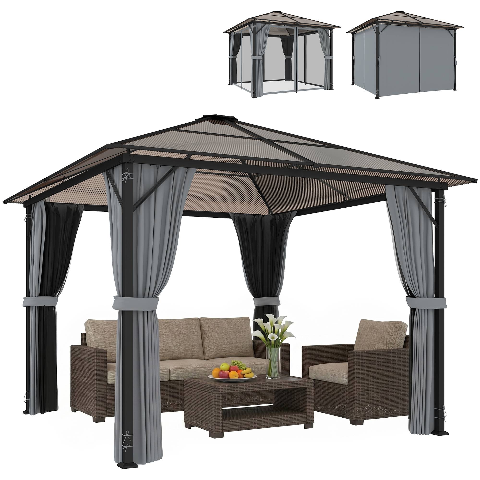 Pavillon toit polycarbonate rideaux moustiquaire structure alu gris foncé 3x3 m - Image 1