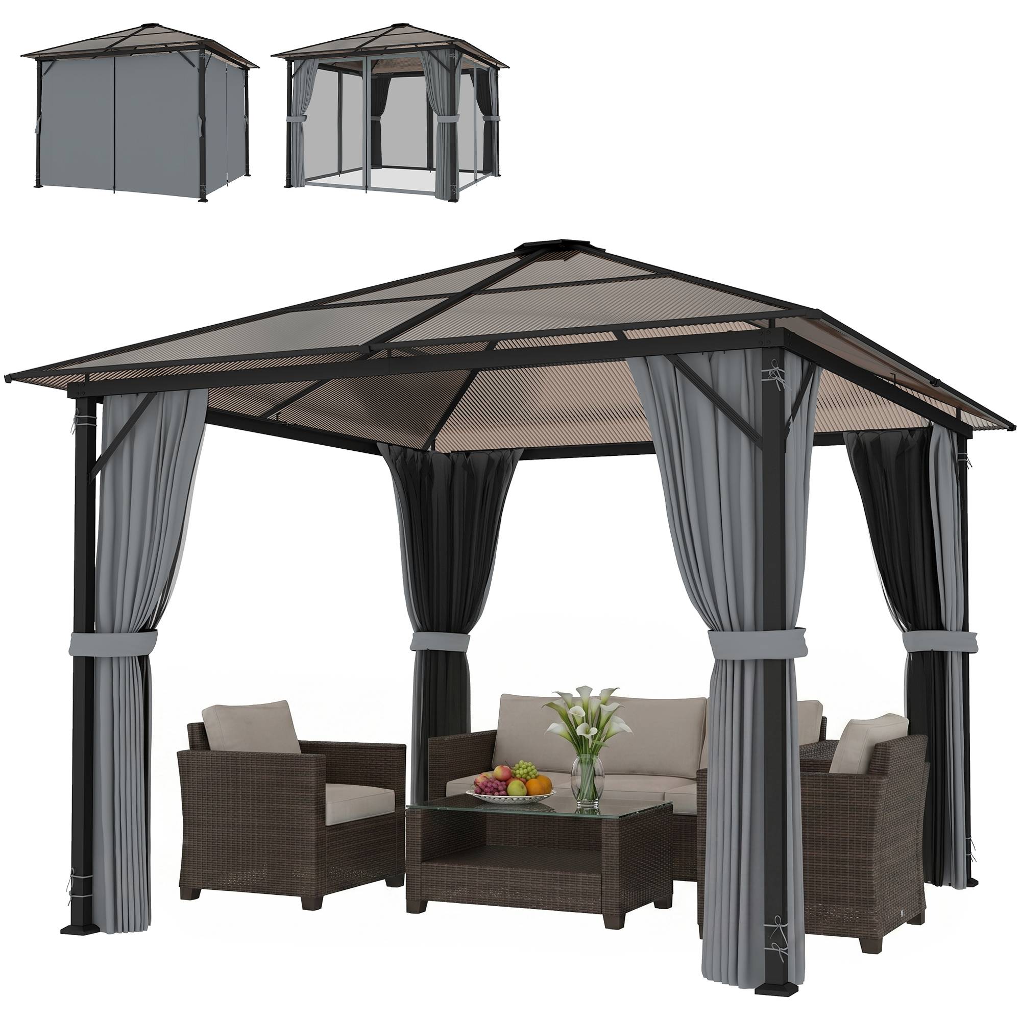 Pavillon toit polycarbonate rideaux moustiquaire structure alu gris foncé 3x3 m - Image 2